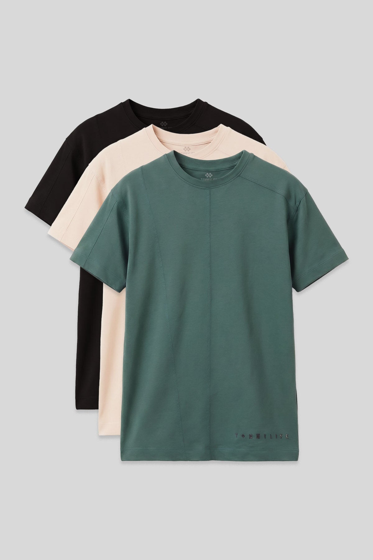 Image of Basic Oversize O Yaka 3'lü Paket Siyah-Bej-Açık Yeşil Erkek Çocuk T-Shirt - 11297