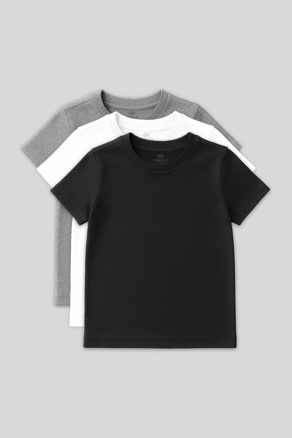 Image of Standart Fit Basic O Yaka 3'lü Paket Gri Melanj-Antrasit-Beyaz Unisex Çocuk T-Shirt - 11328