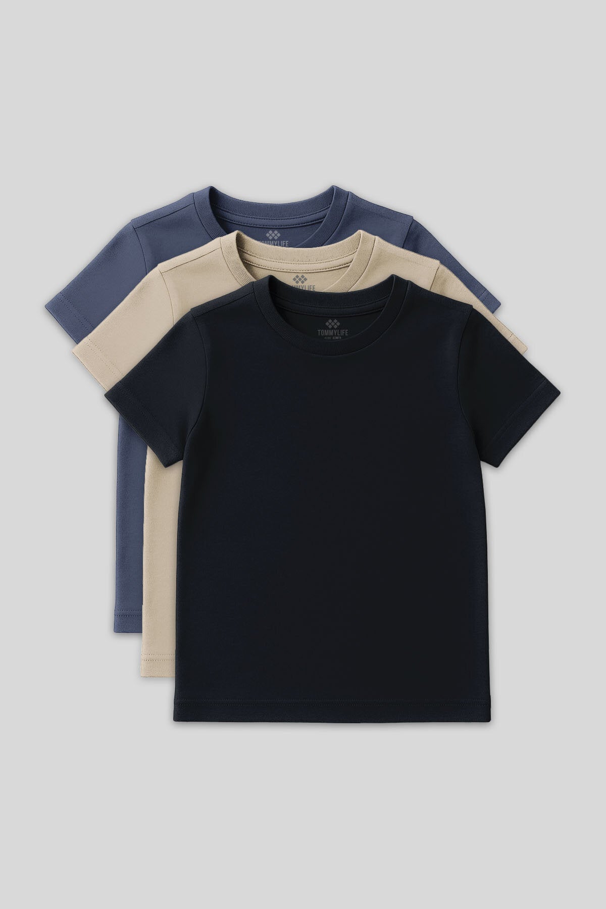Image of Standart Fit Basic O Yaka 3'lü Paket Lacivert-Bej-Koyu Mavi Unisex Çocuk T-Shirt - 11328