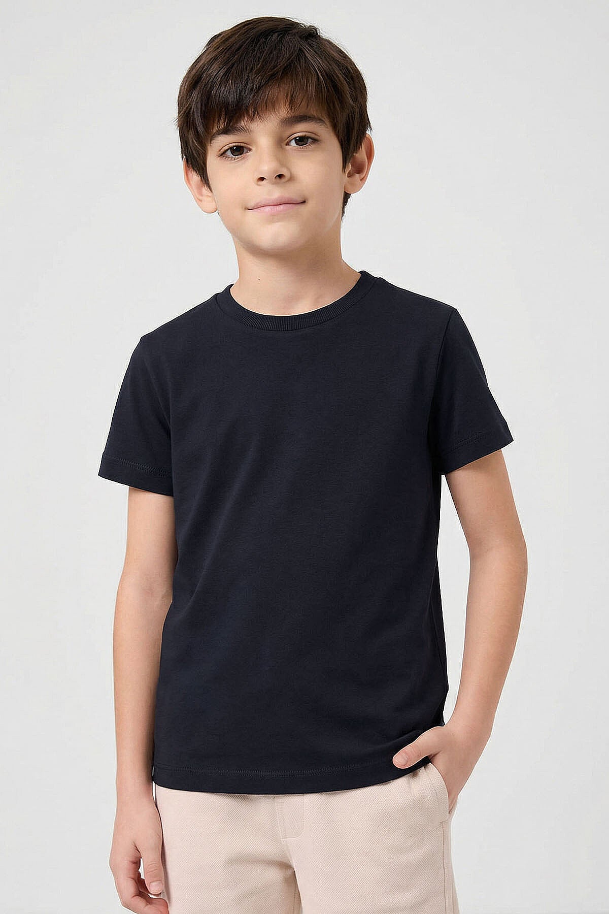 Image of Standart Fit Basic O Yaka 3'lü Paket Lacivert-Bej-Koyu Mavi Unisex Çocuk T-Shirt - 11328