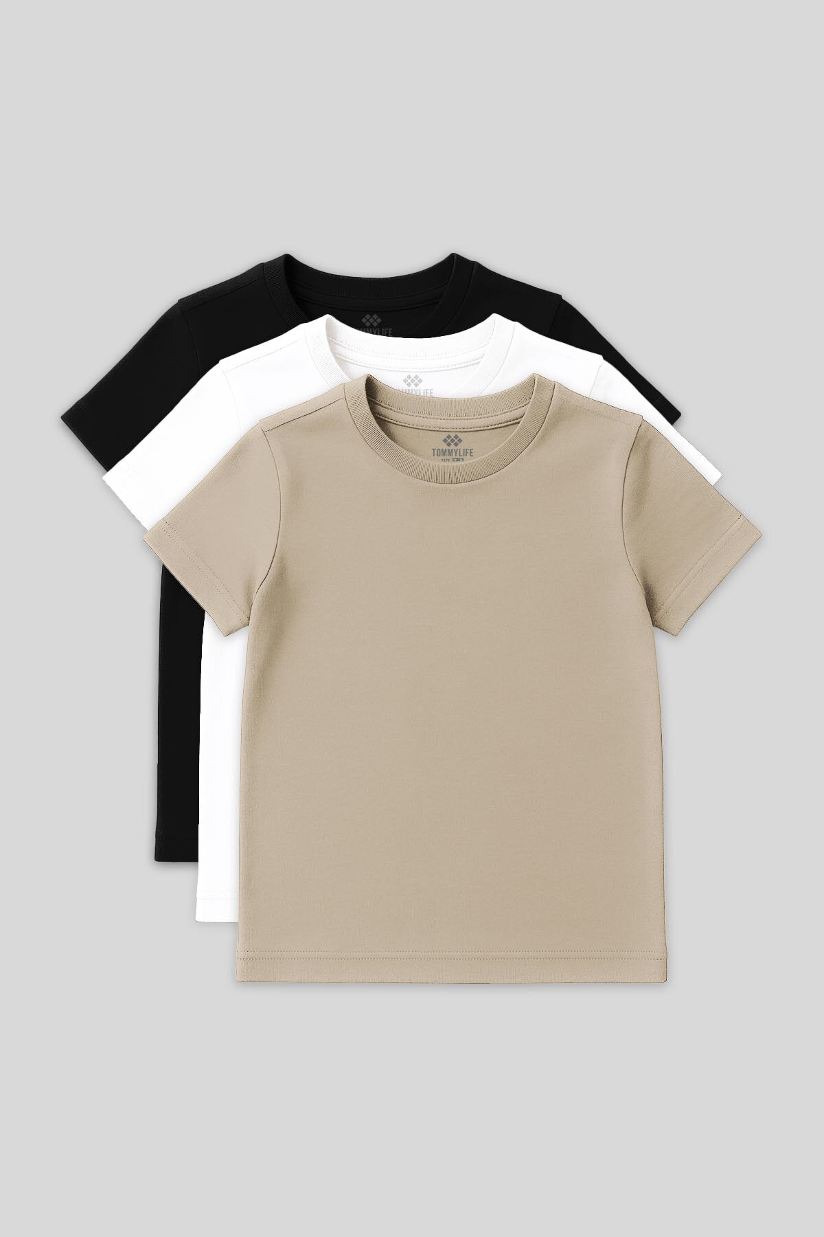 Image of Standart Fit Basic O Yaka 3'lü Paket Siyah-Beyaz-Bej Unisex Çocuk T-Shirt - 11328