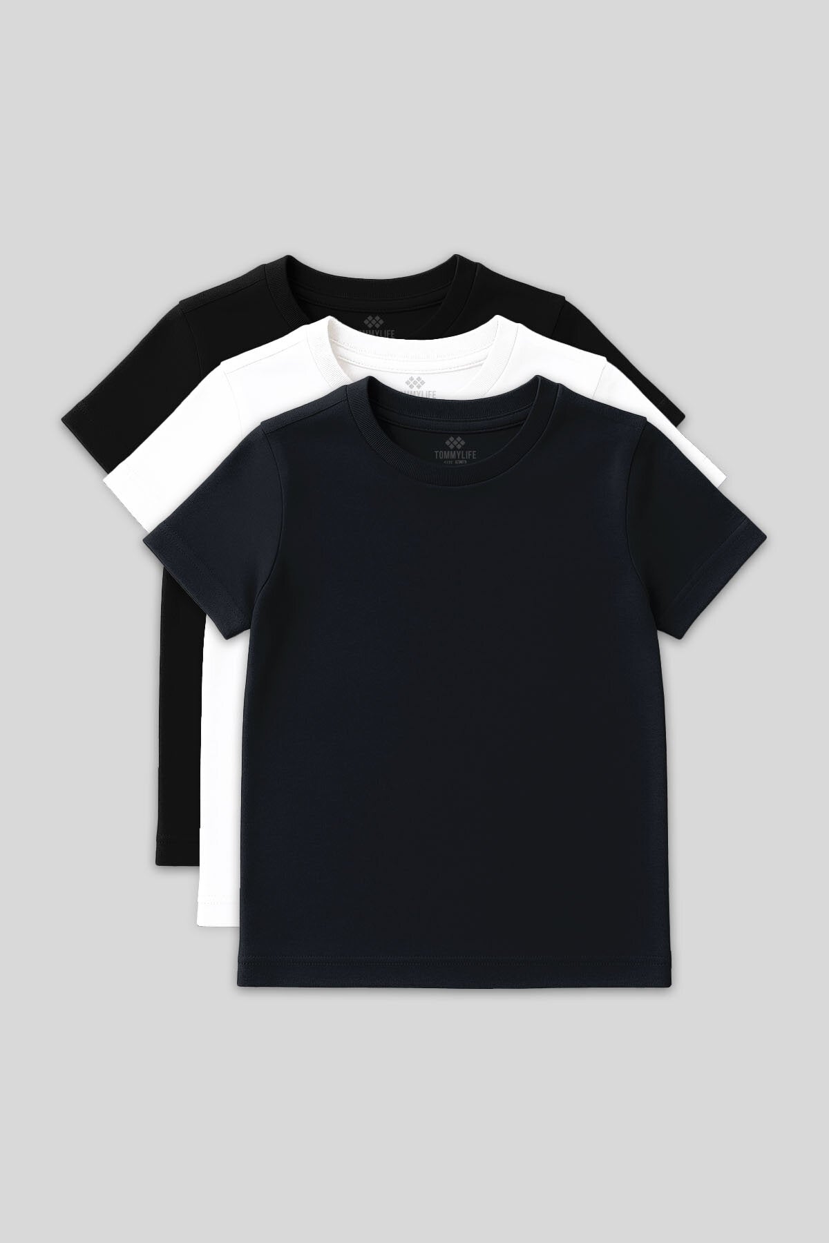 Image of Standart Fit Basic O Yaka 3'lü Paket Siyah-Beyaz-Lacivert Unisex Çocuk T-Shirt - 11328