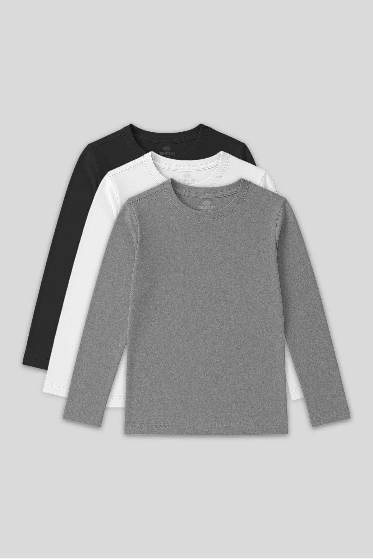 Image of Standart Fit Basic O Yaka 3'lü Paket Gri Melanj-Antrasit-Beyaz Unisex Çocuk T-Shirt - 11329