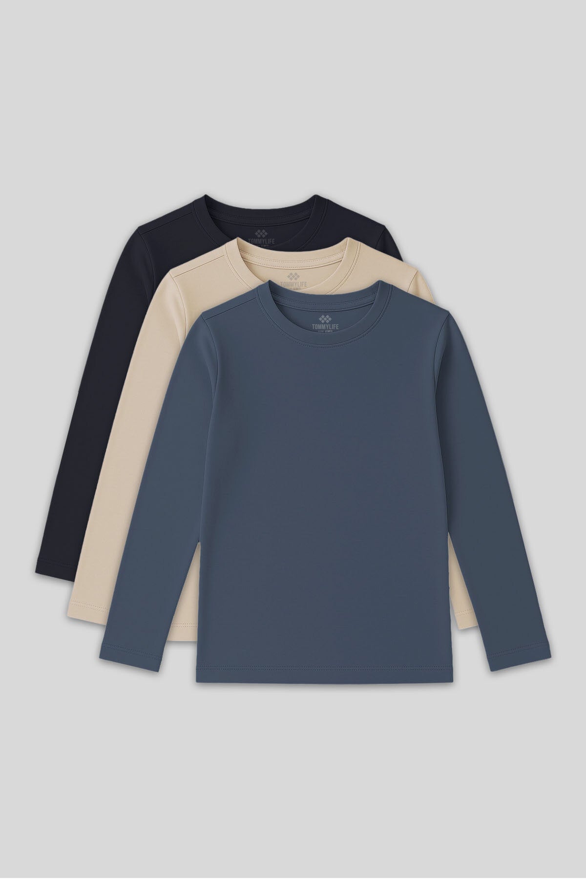 Image of Standart Fit Basic O Yaka 3'lü Paket Lacivert-Bej-Koyu Mavi Unisex Çocuk T-Shirt - 11329