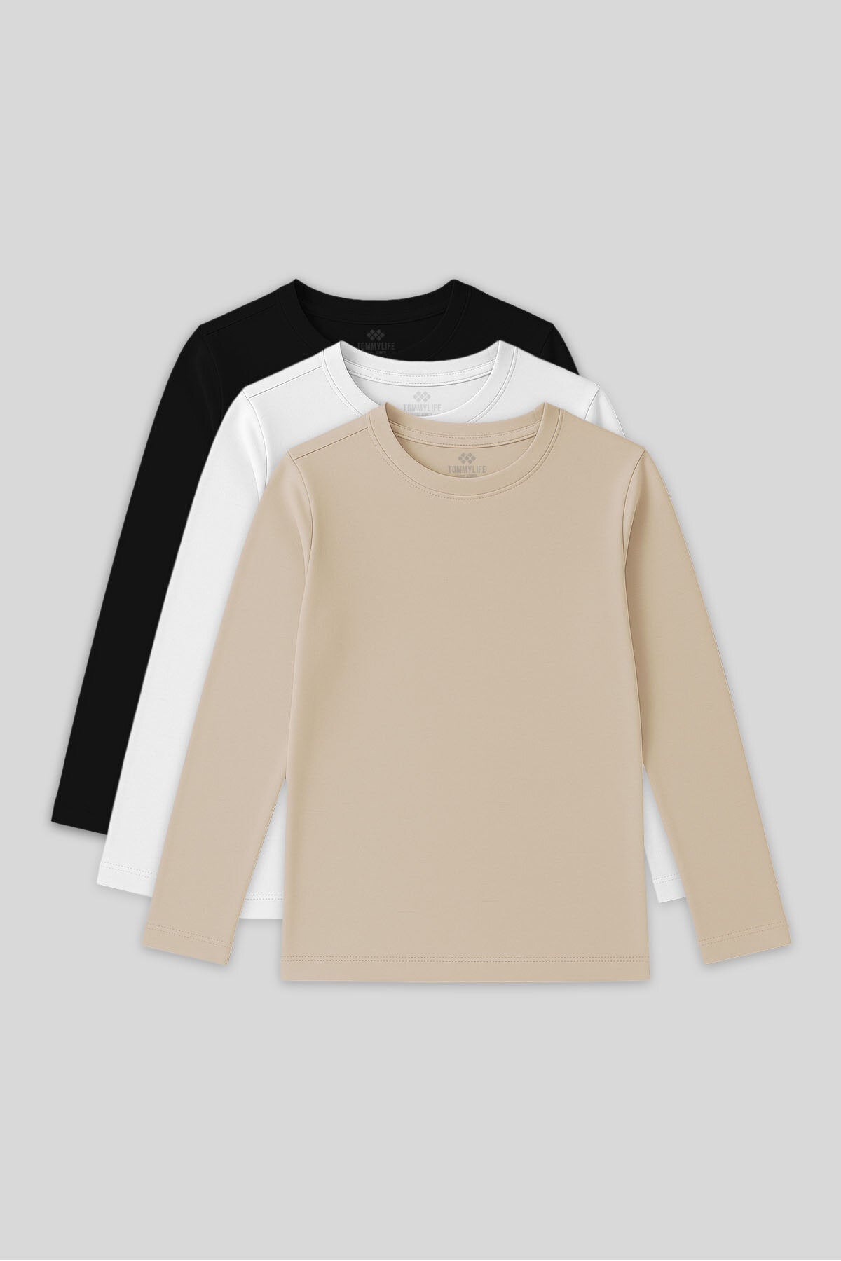 Image of Tricou unisex pentru copii, croială standard, guler rotund, set de 3, negru-alb-bej - 11329