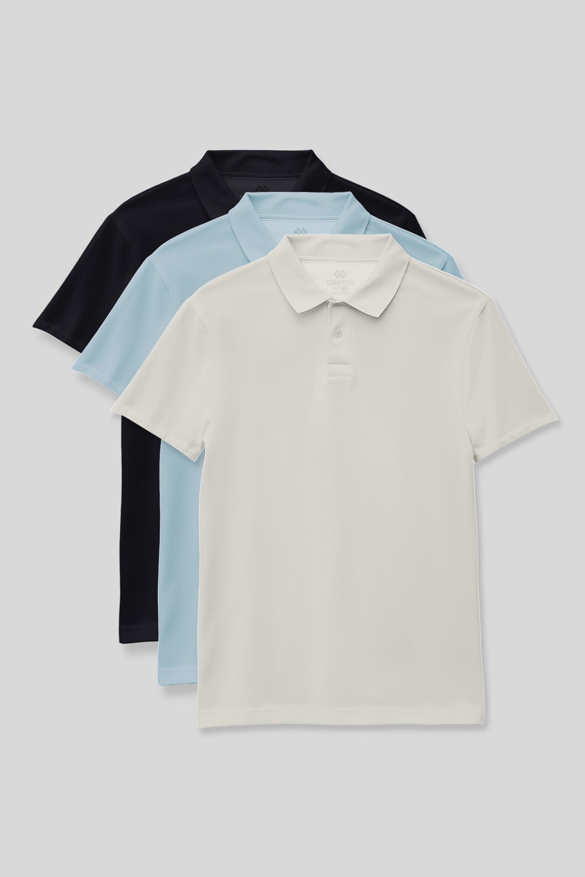 Image of Standart Fit Basic Polo Yaka 3'lü Paket Lacivert-Ekru-Açık Mavi Unisex Çocuk T-Shirt - 11330