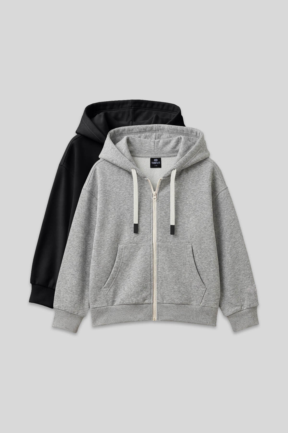 Image of Fermuarlı Pamuklu 2'li Paket Siyah-Gri Melanj Kız Çocuk Sweatshirt - 75149