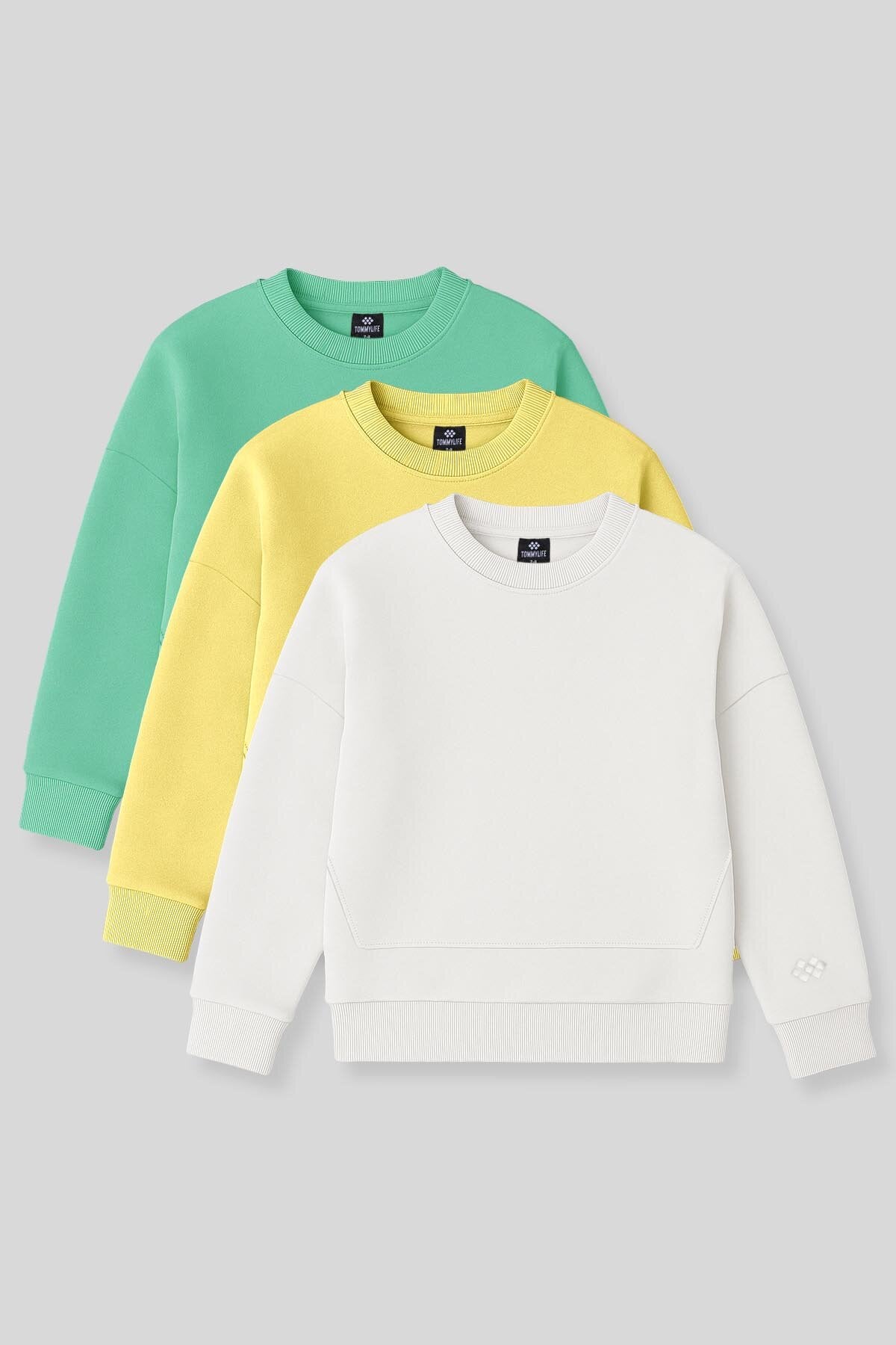 Image of Oversize 3'lü Paket Sarı-Ekru-Su Yeşili Kız Çocuk Sweatshirt - 75150