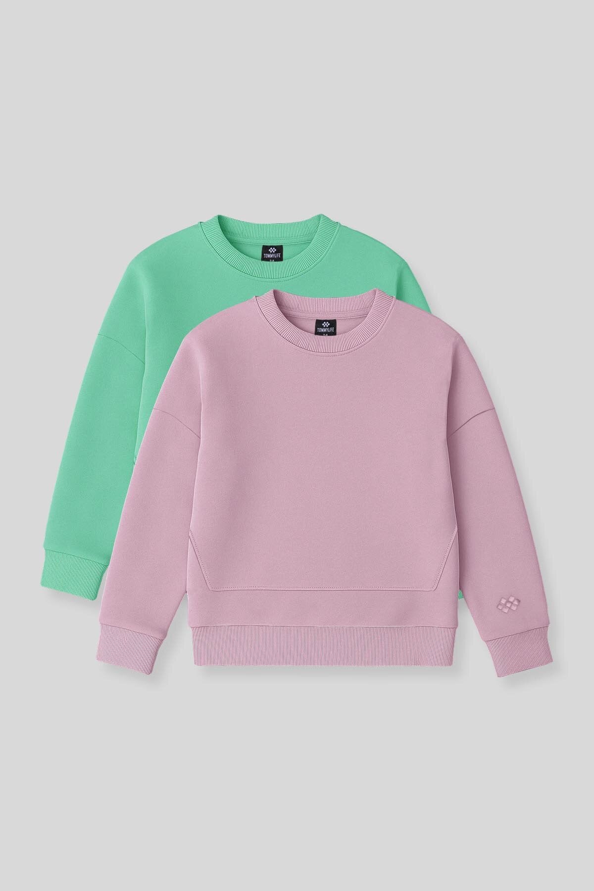 Image of Oversıze 2'li Paket Gül Kurusu-Su Yeşili Kız Çocuk Sweatshirt - 75150