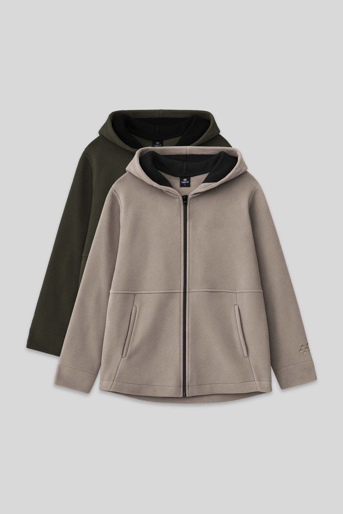 Image of Standart Fit Kapüşonlu 2'li Paket Haki-Koyu Bej Kız Çocuk Sweatshirt - 75152