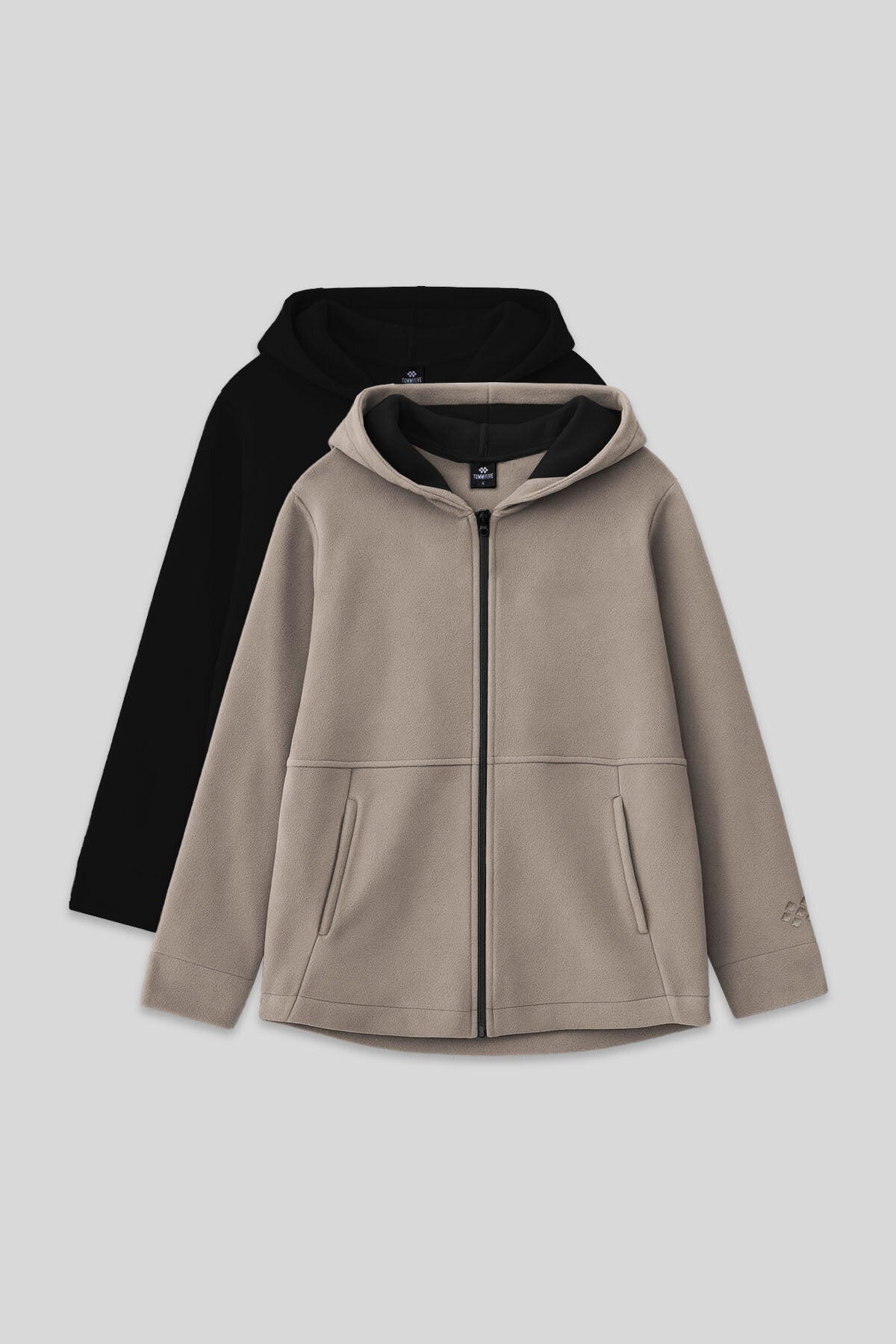 Image of Standart Fit Kapüşonlu 2'li Paket Siyah-Koyu Bej Kız Çocuk Sweatshirt - 75152