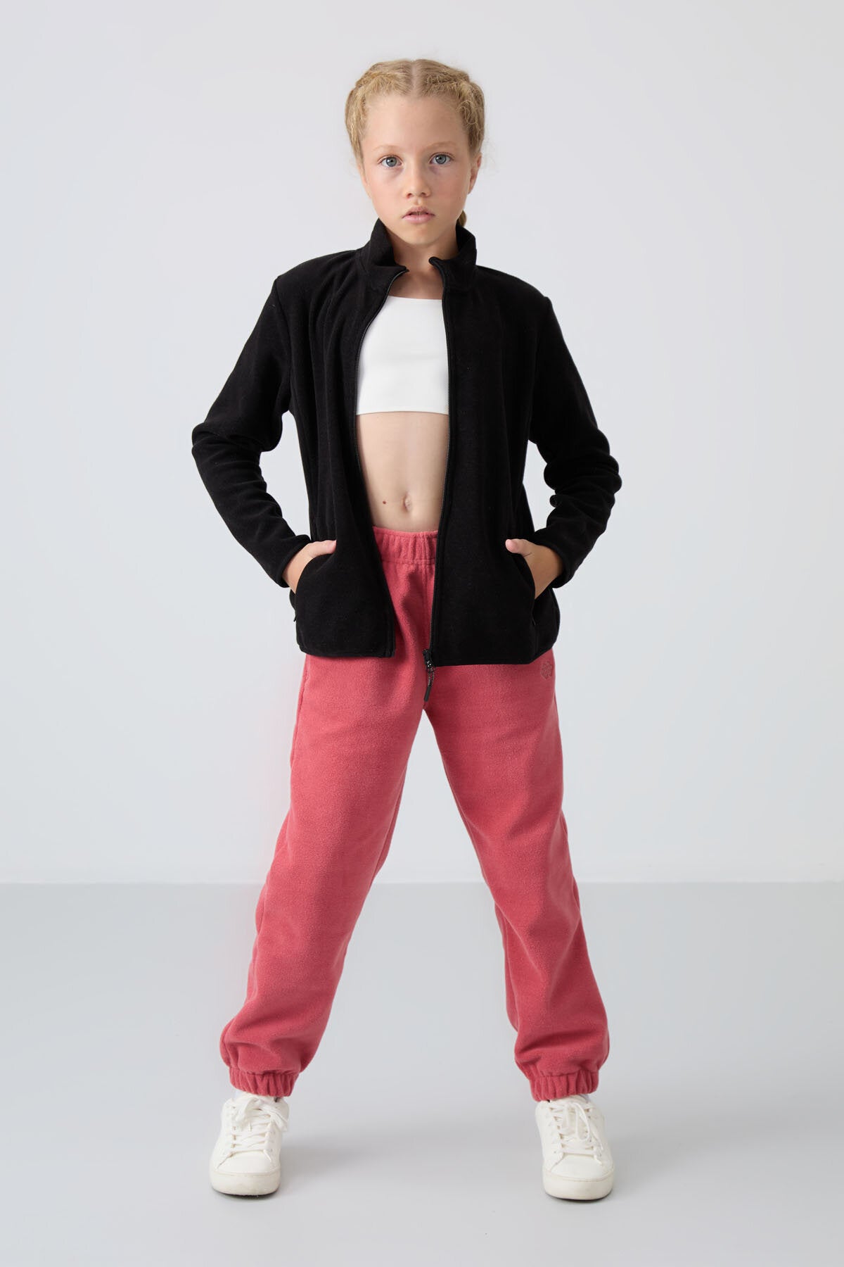 Image of Hanorac din fleece pentru fete, negru-bej, croială standard, set de 2 - 75154