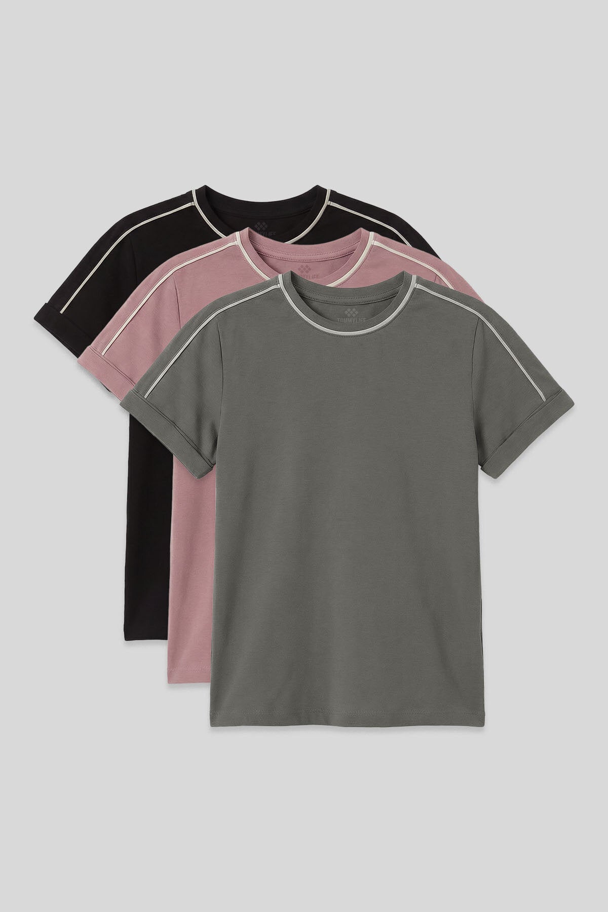 Image of Standart Fit O Yaka 3'lü Paket Siyah-Haki-Gül Kurusu Kız Çocuk T-Shirt - 75177