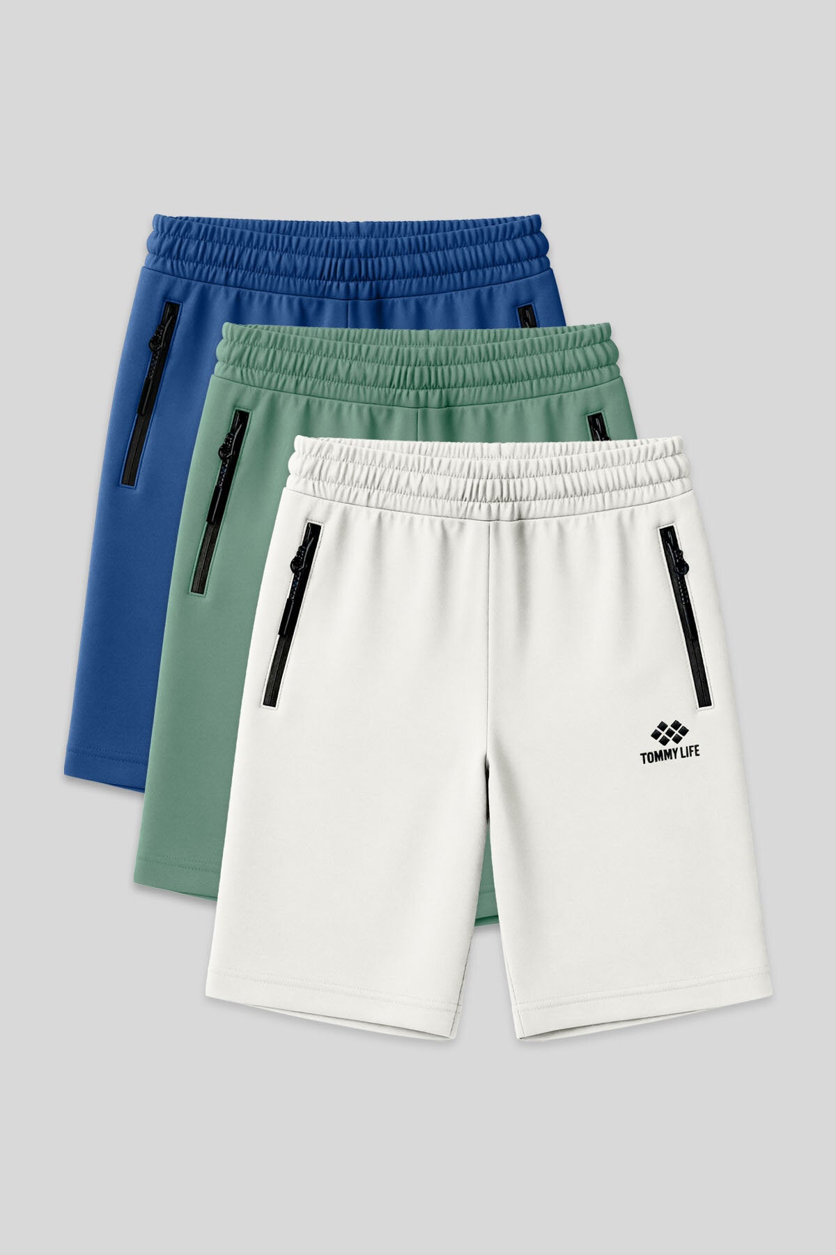 Image of Pantaloni scurți bărbătești, croială standard, set de 3, în culorile ecru, parlamentar și verde deschis - 81136
