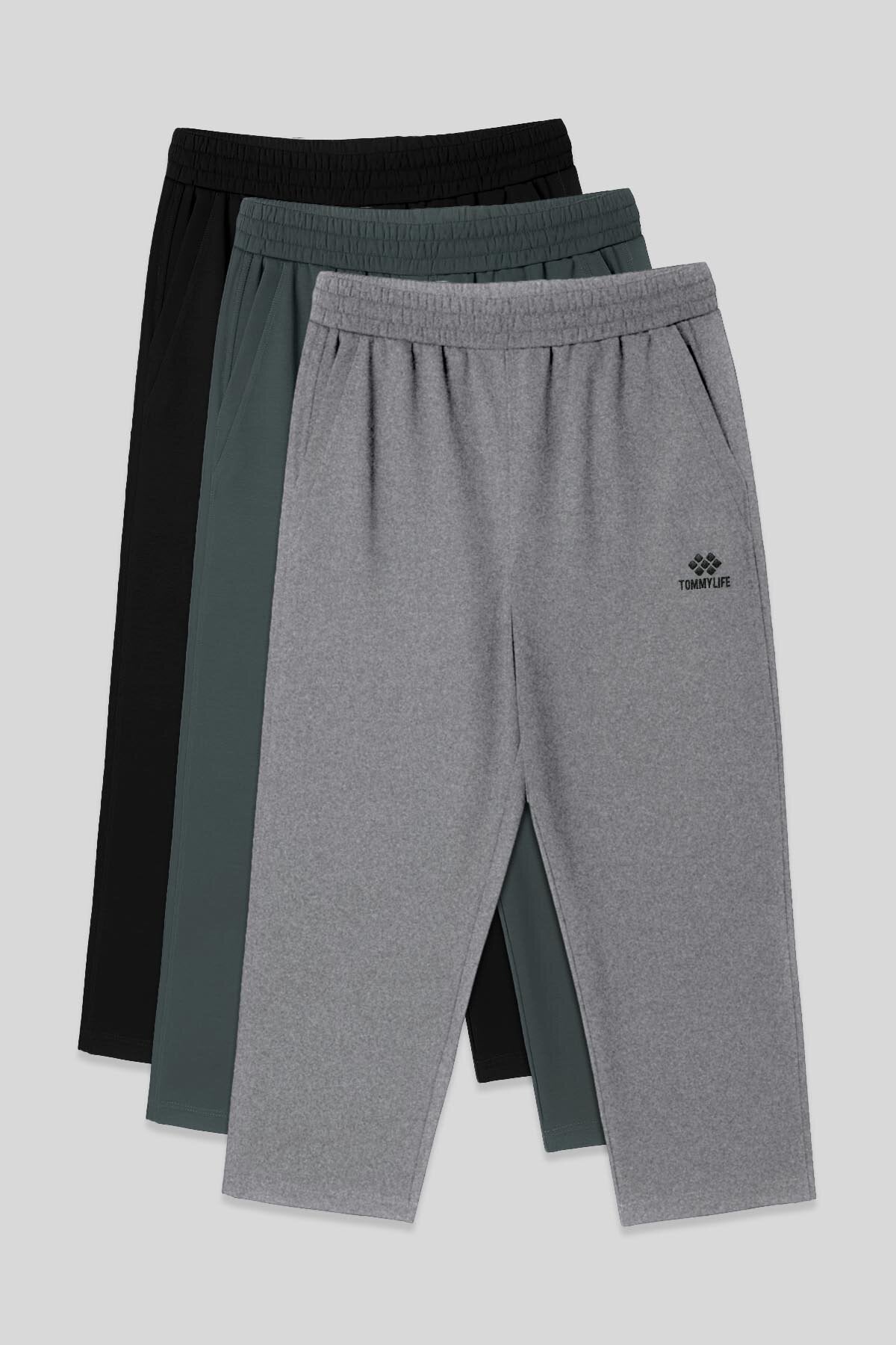 Image of Pantaloni Capri pentru bărbați, croială standard, set de 3, negru-kaki-gri melanj - 83102