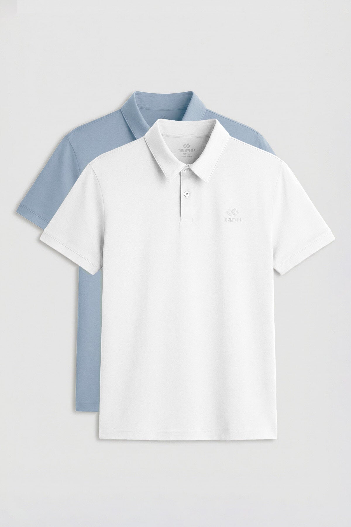 Image of Standart Fit Basic Polo Yaka 2'li Paket Beyaz-Buz Mavi Erkek T-Shirt - 87748