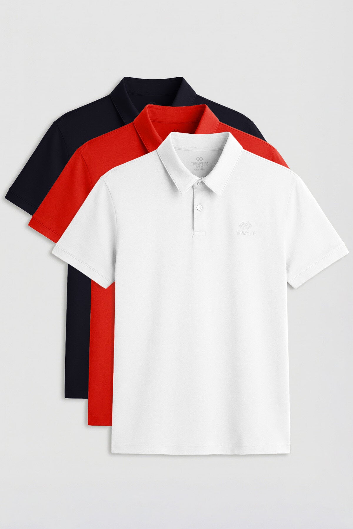 Image of Standart Fit Basic Polo Yaka 3'lü Paket Beyaz-Lacivert-Kırmızı Erkek T-Shirt - 87748