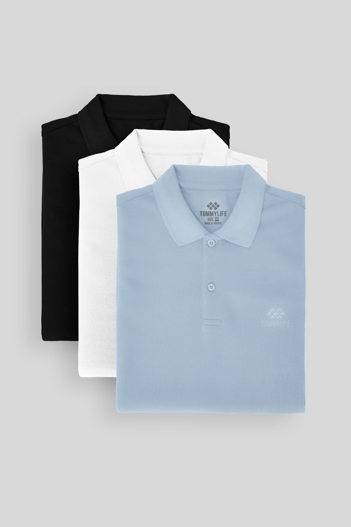 Image of Standart Fit Basic Polo Yaka  3'lü Paket Siyah-Beyaz-Buz Mavi Erkek T-Shirt  87748