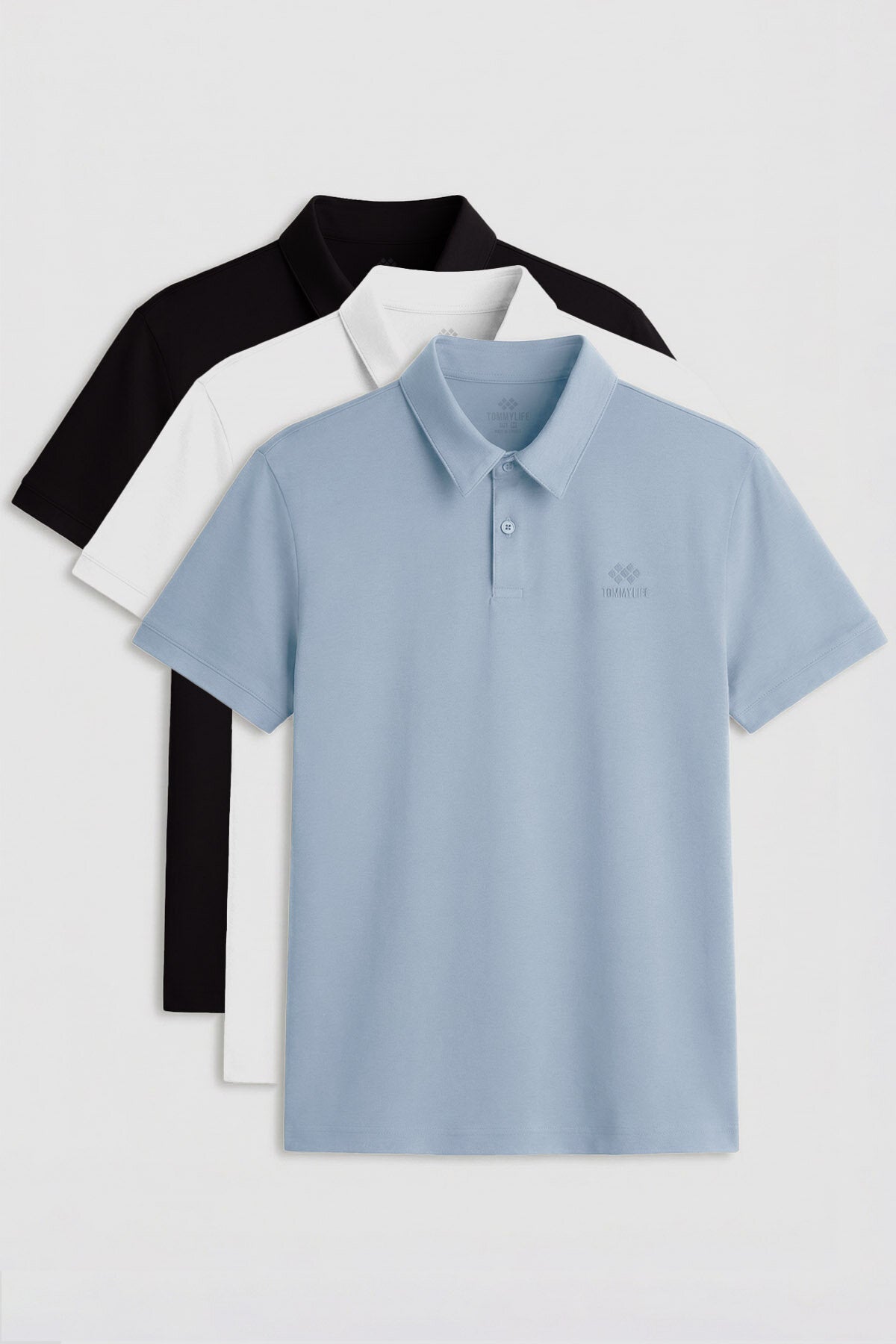 Image of Standart Fit Basic Polo Yaka  3'lü Paket Siyah-Beyaz-Buz Mavi Erkek T-Shirt  87748