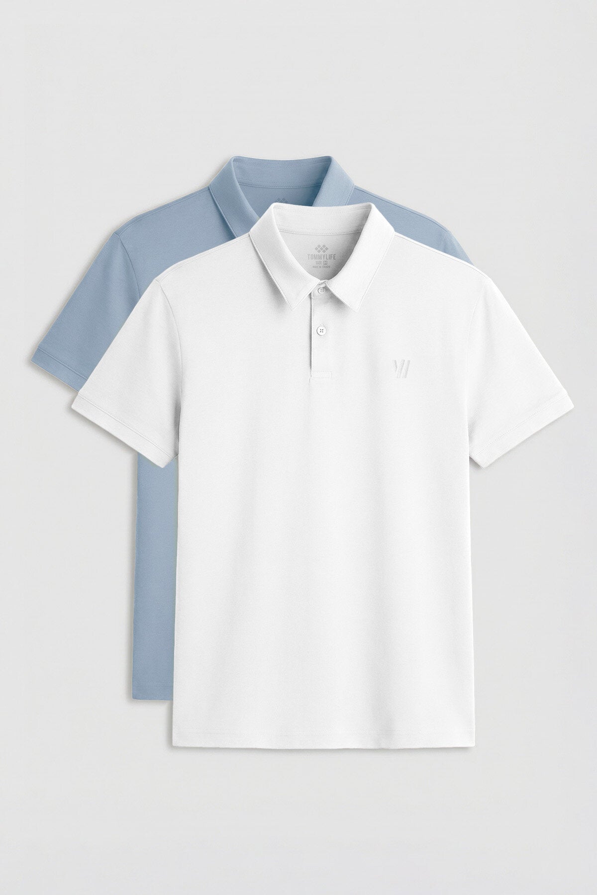 Image of Standart Fit Basic Polo Yaka 2'li Paket Beyaz-Buz Mavi Erkek T-Shirt - 87768