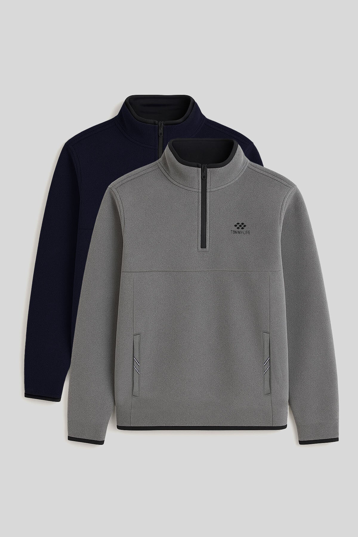 Image of Dik Yaka Yarım Fermuarlı 2'li Paket Lacivert-Gri Melanj Erkek Polar Sweatshirt - 87891