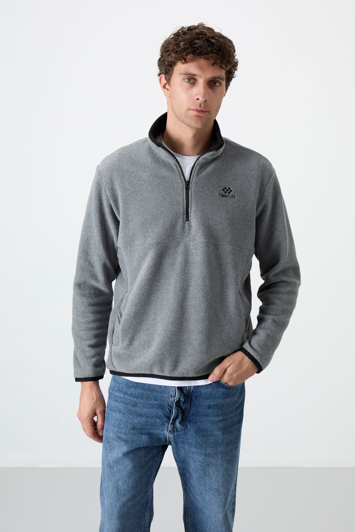 Image of Dik Yaka Yarım Fermuarlı 2'li Paket Lacivert-Gri Melanj Erkek Polar Sweatshirt - 87891