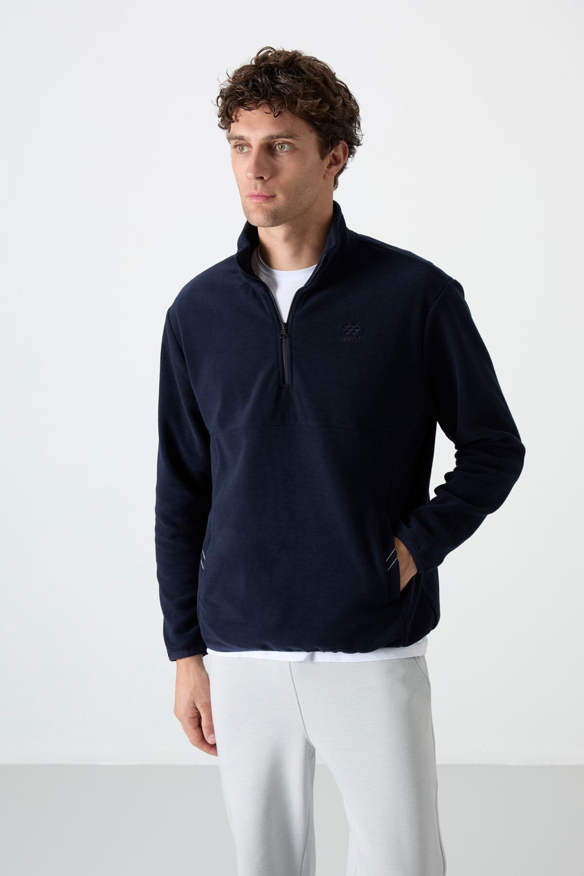 Image of Dik Yaka Yarım Fermuarlı 2'li Paket Lacivert-Gri Melanj Erkek Polar Sweatshirt - 87891