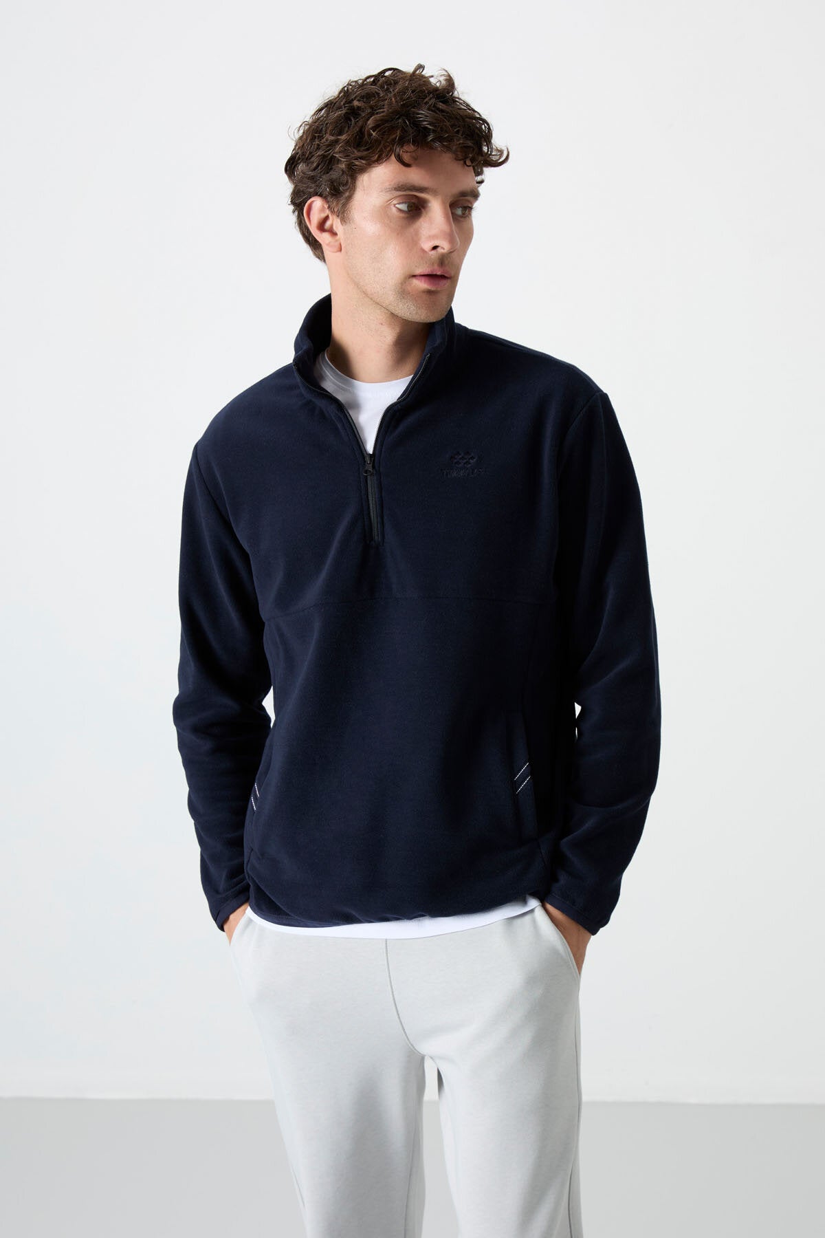 Image of Dik Yaka Yarım Fermuarlı 2'li Paket Lacivert-Gri Melanj Erkek Polar Sweatshirt - 87891