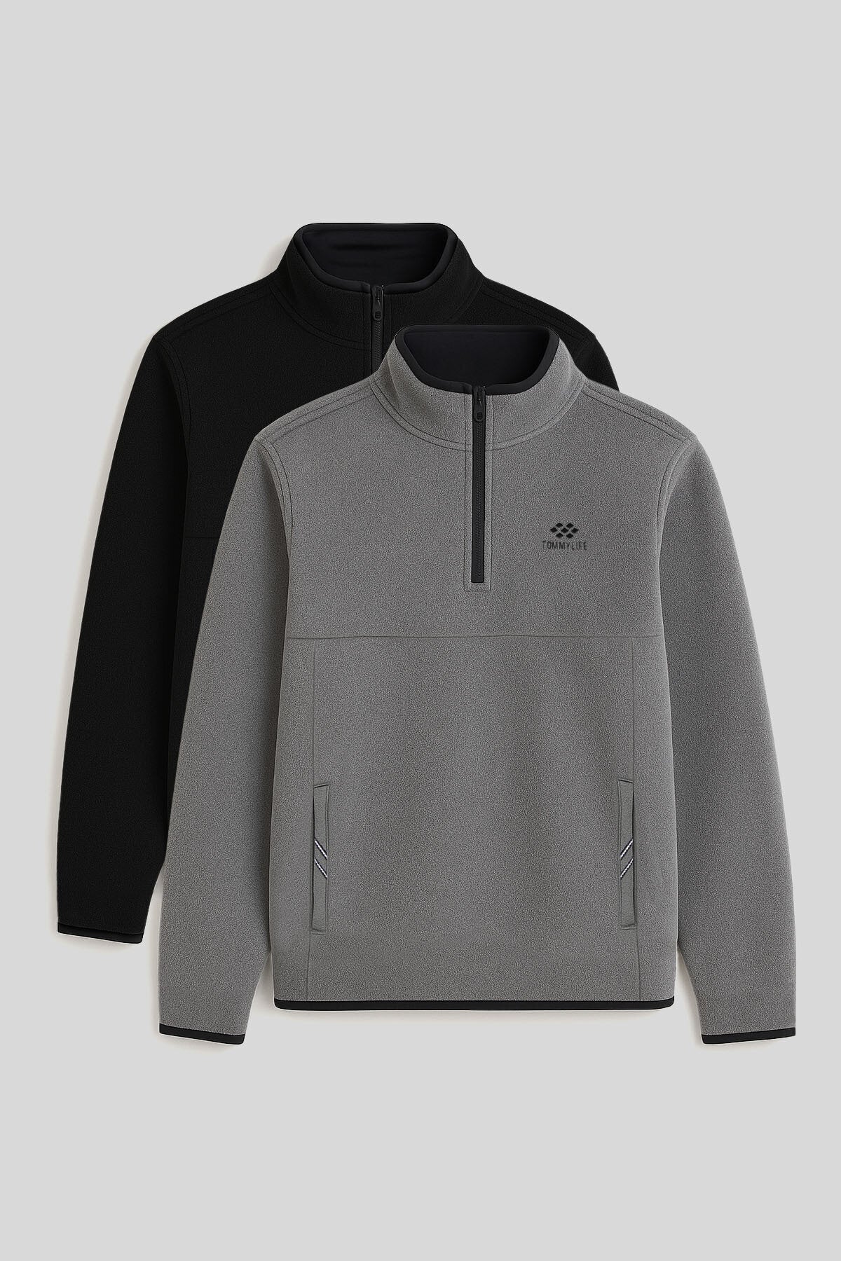 Image of Dik Yaka Yarım Fermuarlı 2'li Paket Siyah-Gri Melanj Erkek Polar Sweatshirt - 87891
