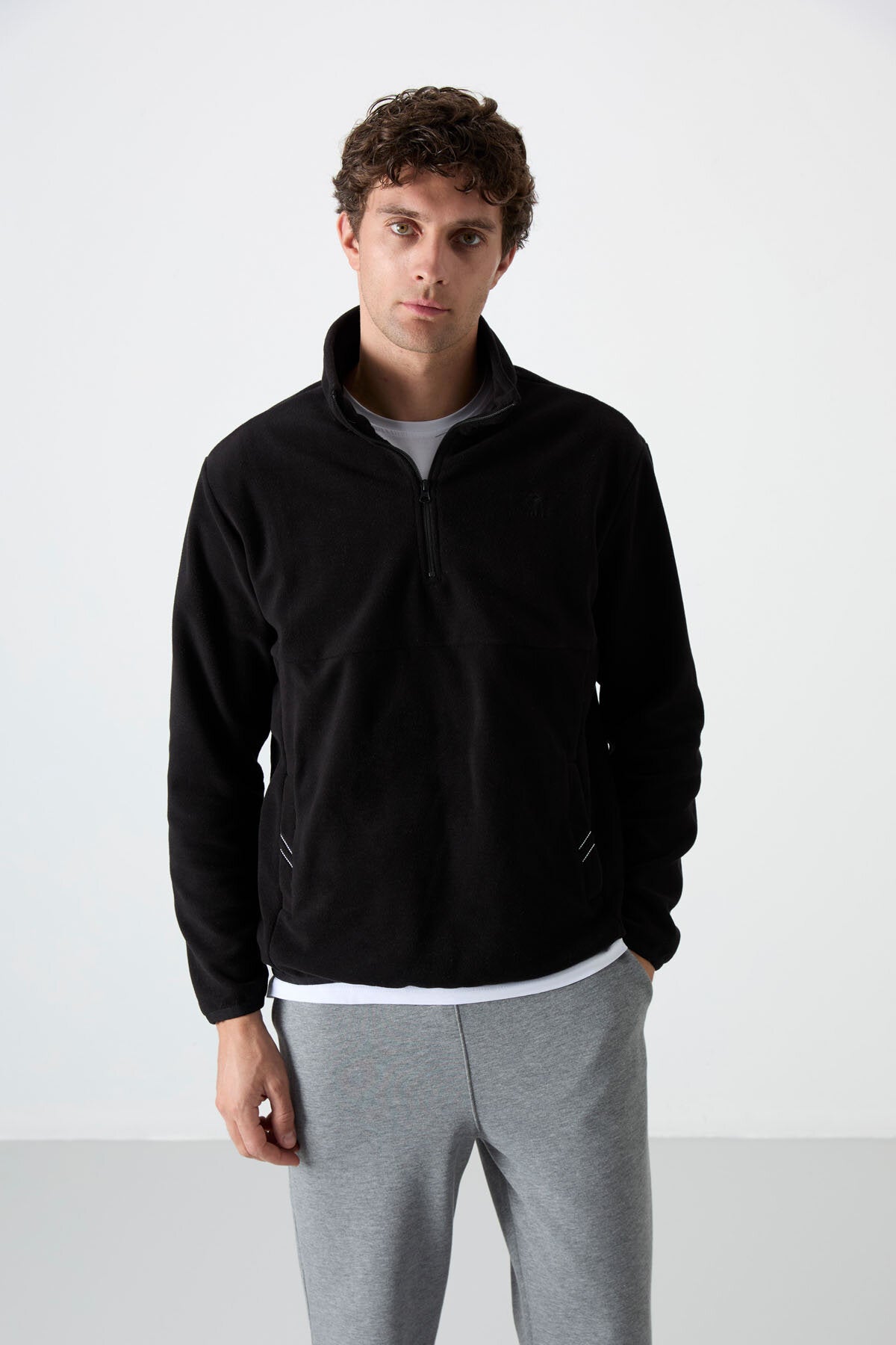 Image of Dik Yaka Yarım Fermuarlı 2'li Paket Siyah-Gri Melanj Erkek Polar Sweatshirt - 87891