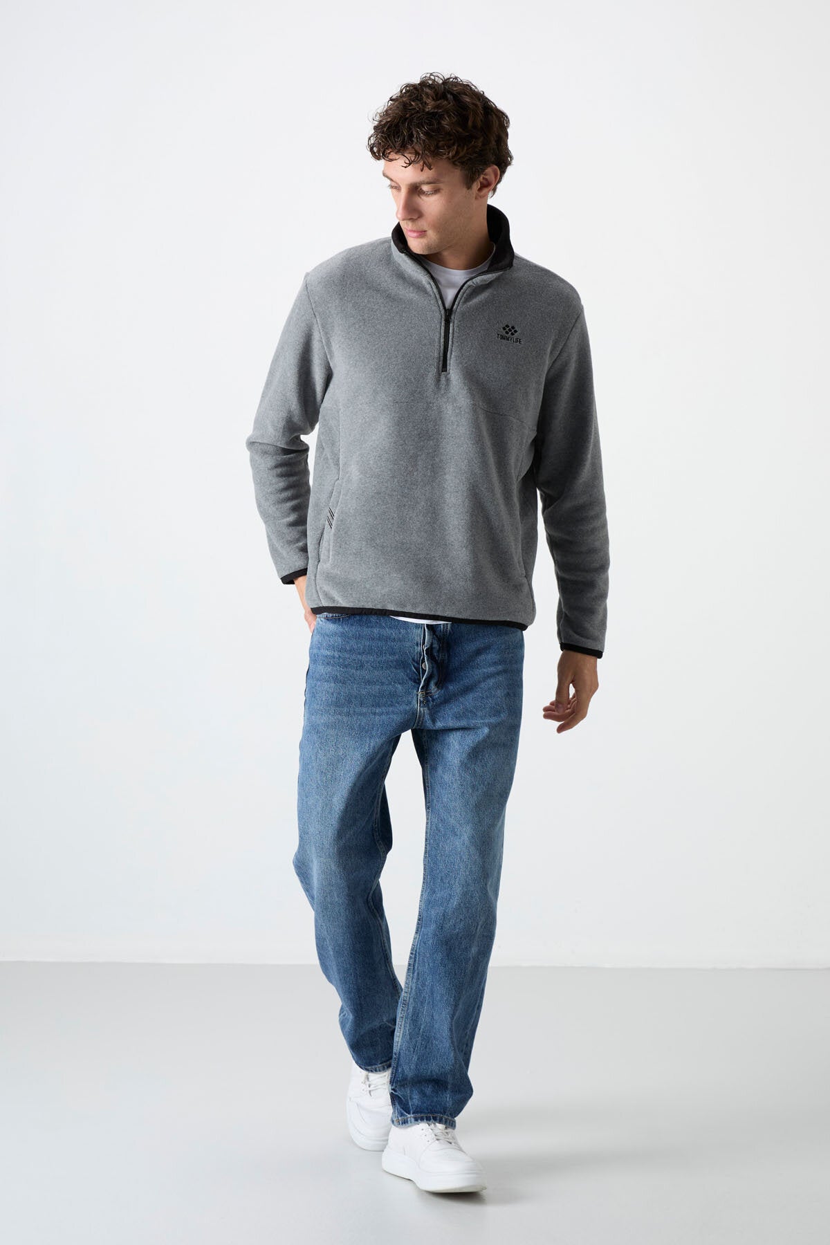 Image of Dik Yaka Yarım Fermuarlı 2'li Paket Siyah-Gri Melanj Erkek Polar Sweatshirt - 87891