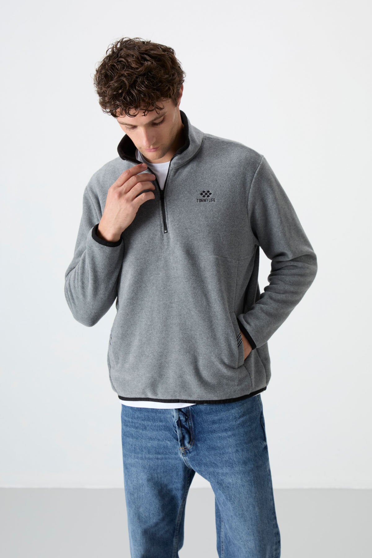 Image of Dik Yaka Yarım Fermuarlı 2'li Paket Siyah-Gri Melanj Erkek Polar Sweatshirt - 87891