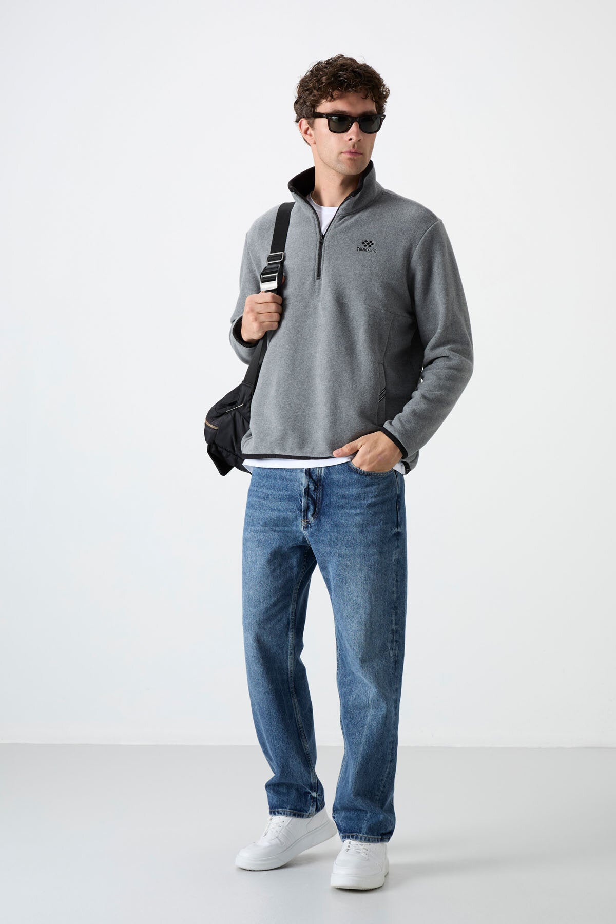 Image of Dik Yaka Yarım Fermuarlı 2'li Paket Siyah-Gri Melanj Erkek Polar Sweatshirt - 87891