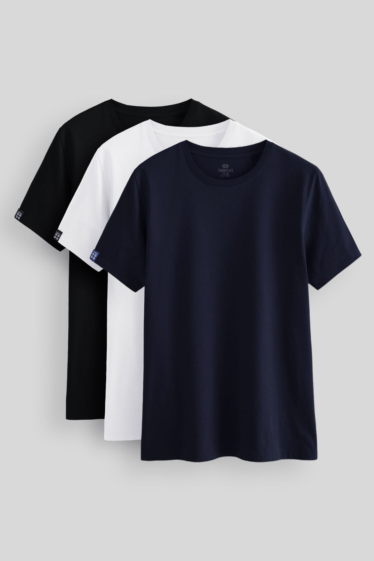Image of Tricou bărbătesc Standard Fit Basic cu guler rotund, set de 3, negru-alb-bleumarin 87911