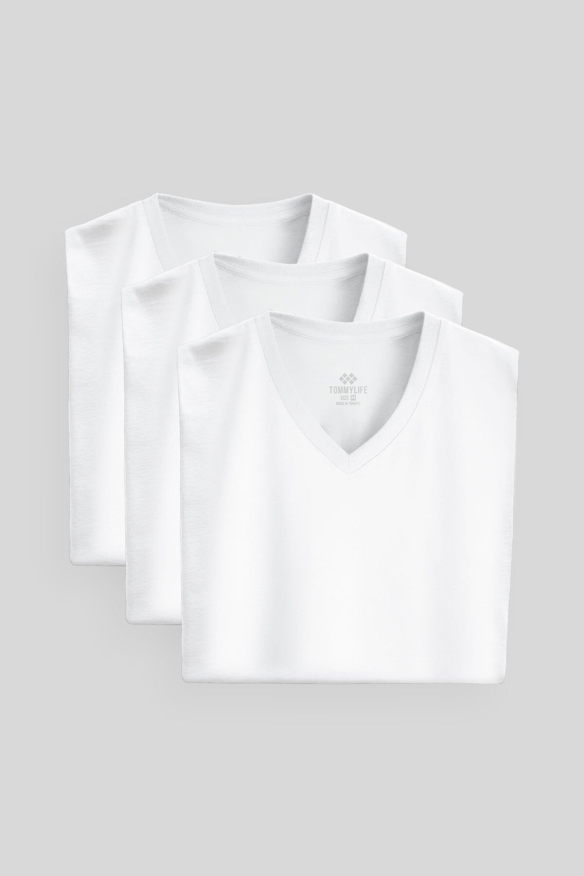 Image of Standart Fit Basic V Yaka  3'lü Paket Beyaz Erkek T-Shirt  87912