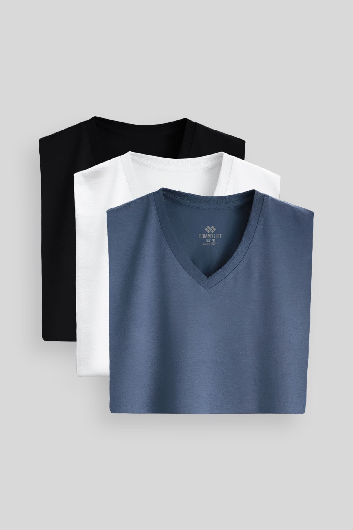 Image of Standart Fit Basic V Yaka  3'lü Paket Siyah-Beyaz-Petrol Erkek T-Shirt  87912