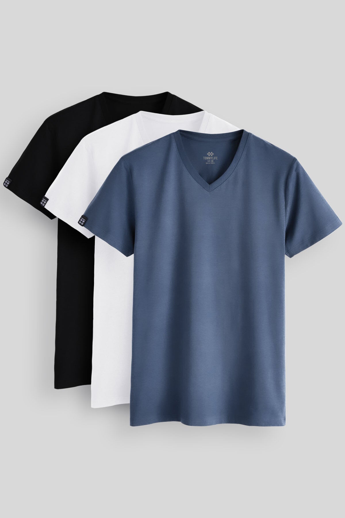 Image of Standart Fit Basic V Yaka  3'lü Paket Siyah-Beyaz-Petrol Erkek T-Shirt  87912