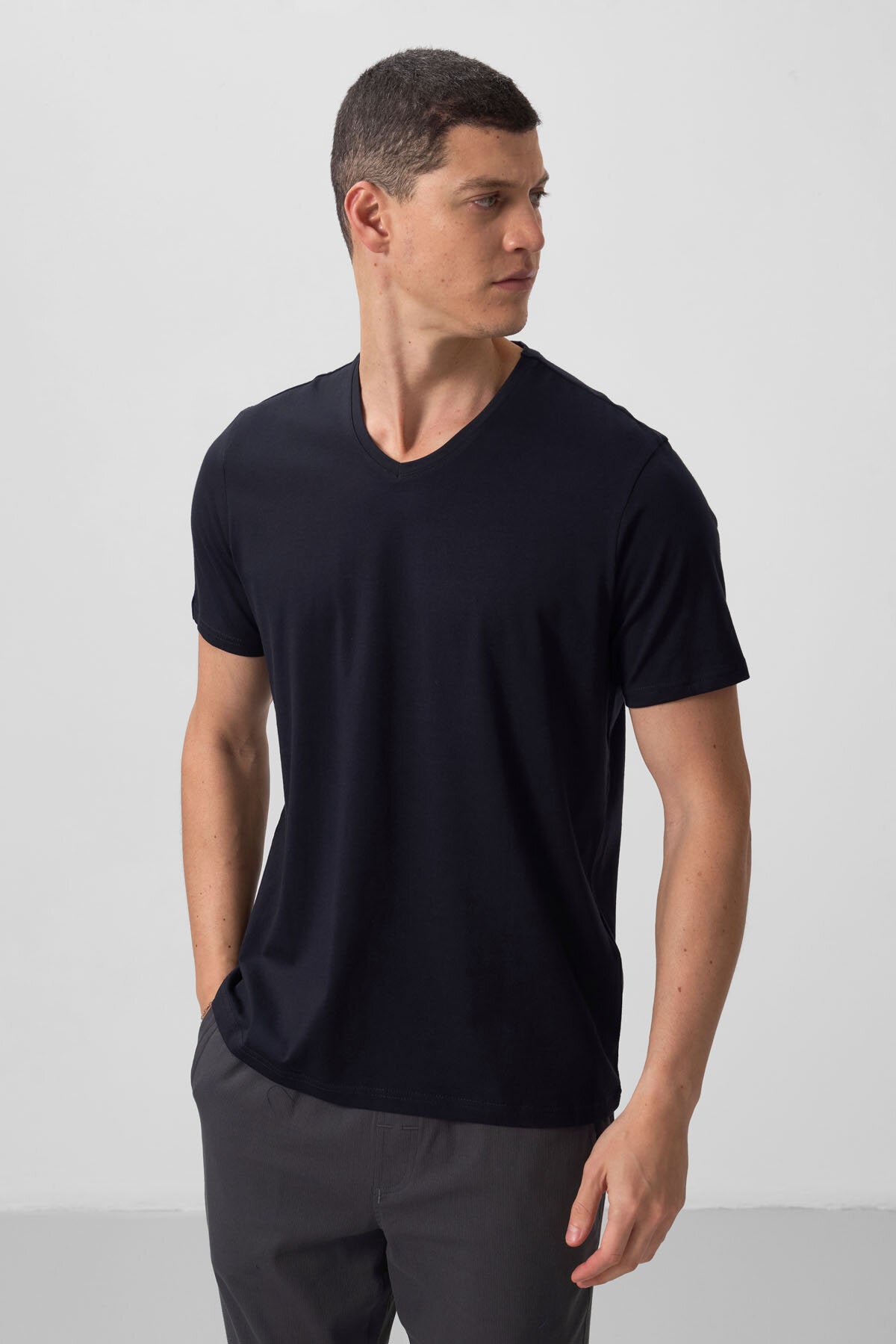 Image of Standart Fit Basic V Yaka 2'li Paket Siyah-Lacivert Erkek T-Shirt - 87912