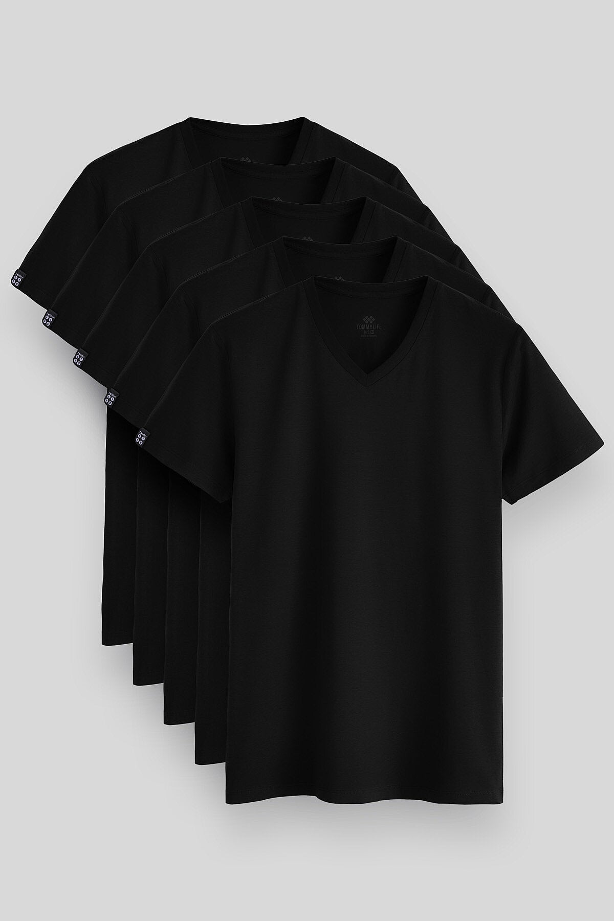 Image of Tricou bărbătesc negru, croială standard, cu decolteu în V, set de 5 bucăți, 87912
