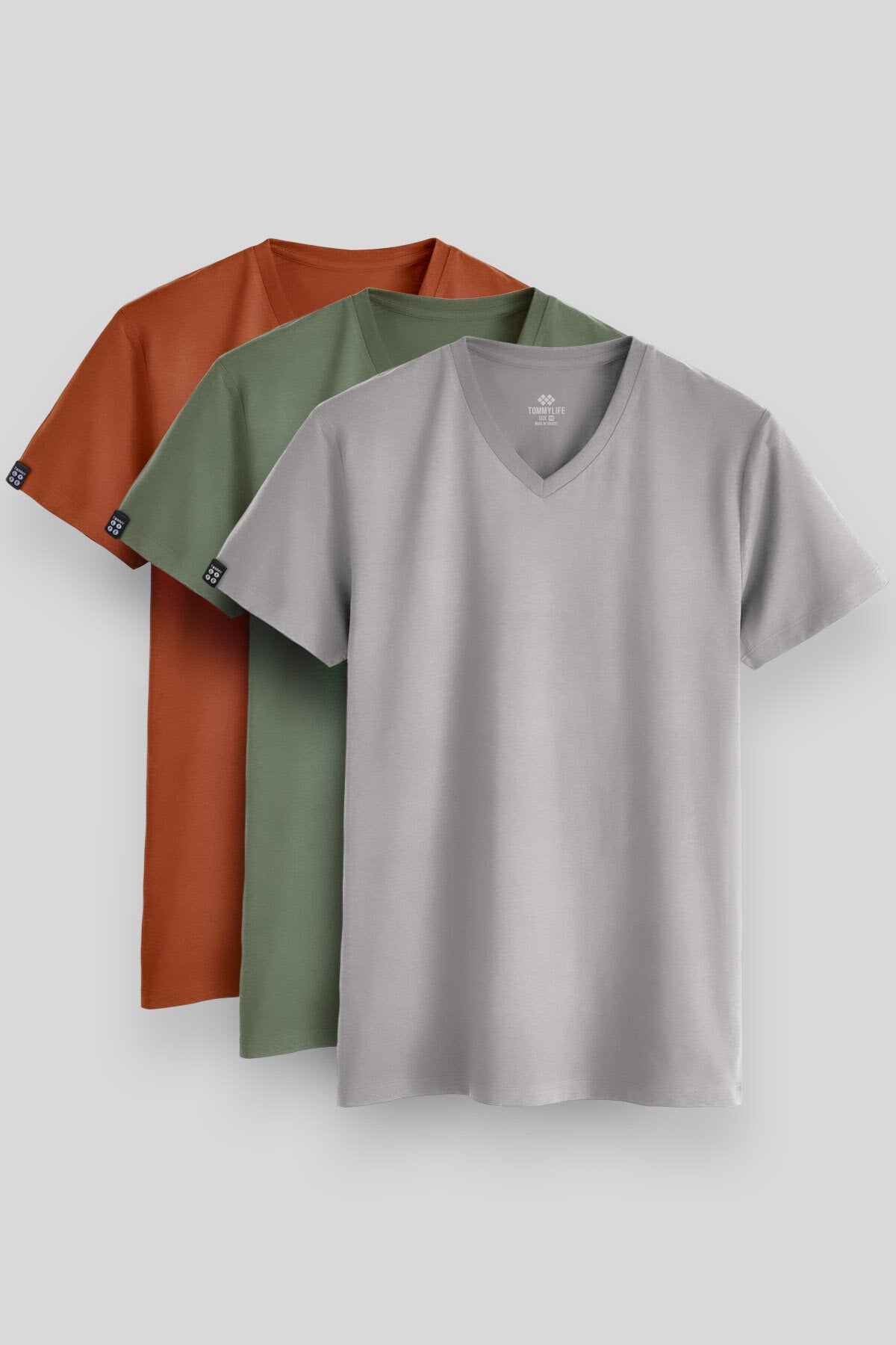 Image of Standart Fit Basic V Yaka 3'lü Paket Taş-Tarçın-Kaktüs Erkek T-Shirt - 87912