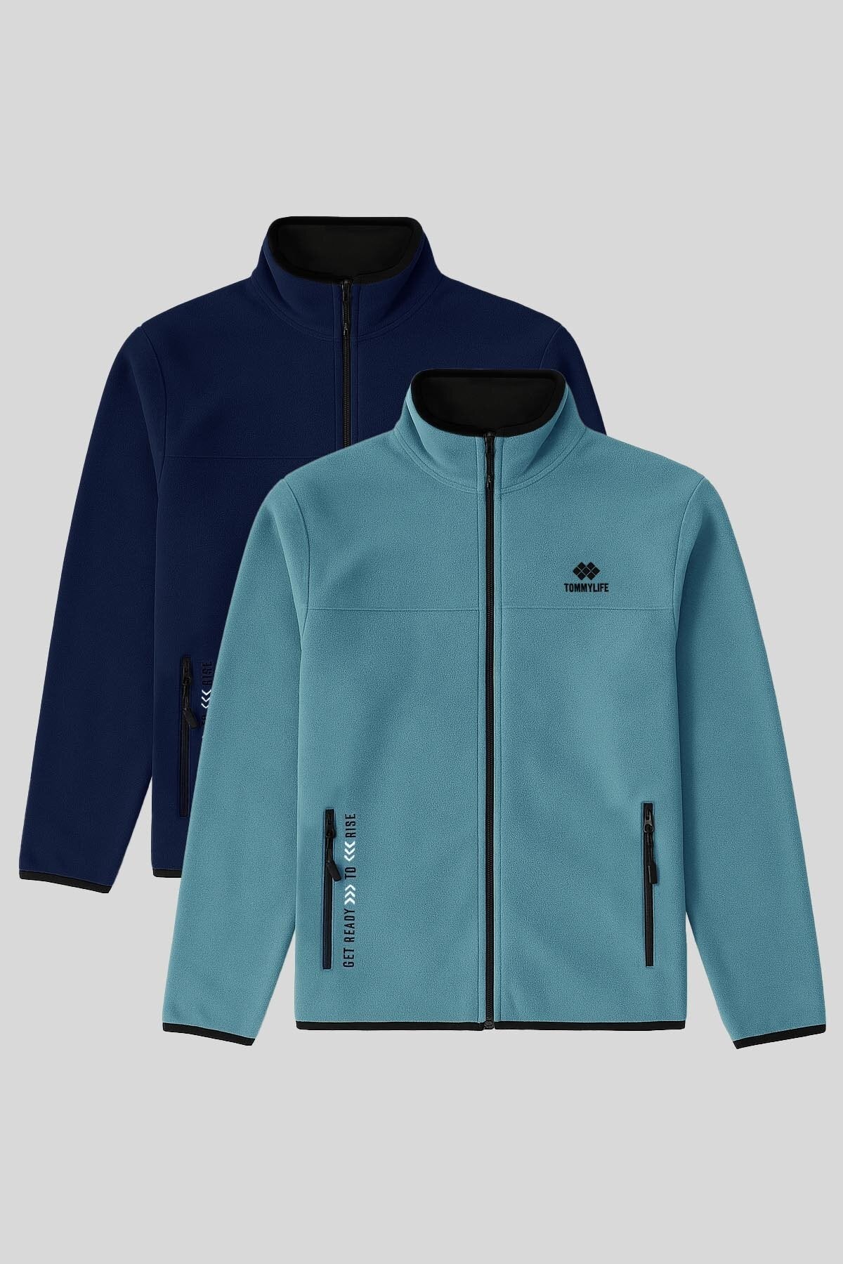 Image of Standart Kalıp Dik Yaka 2'li Paket İndigo-Mint Yeşili Erkek Polar Sweatshirt - 87992
