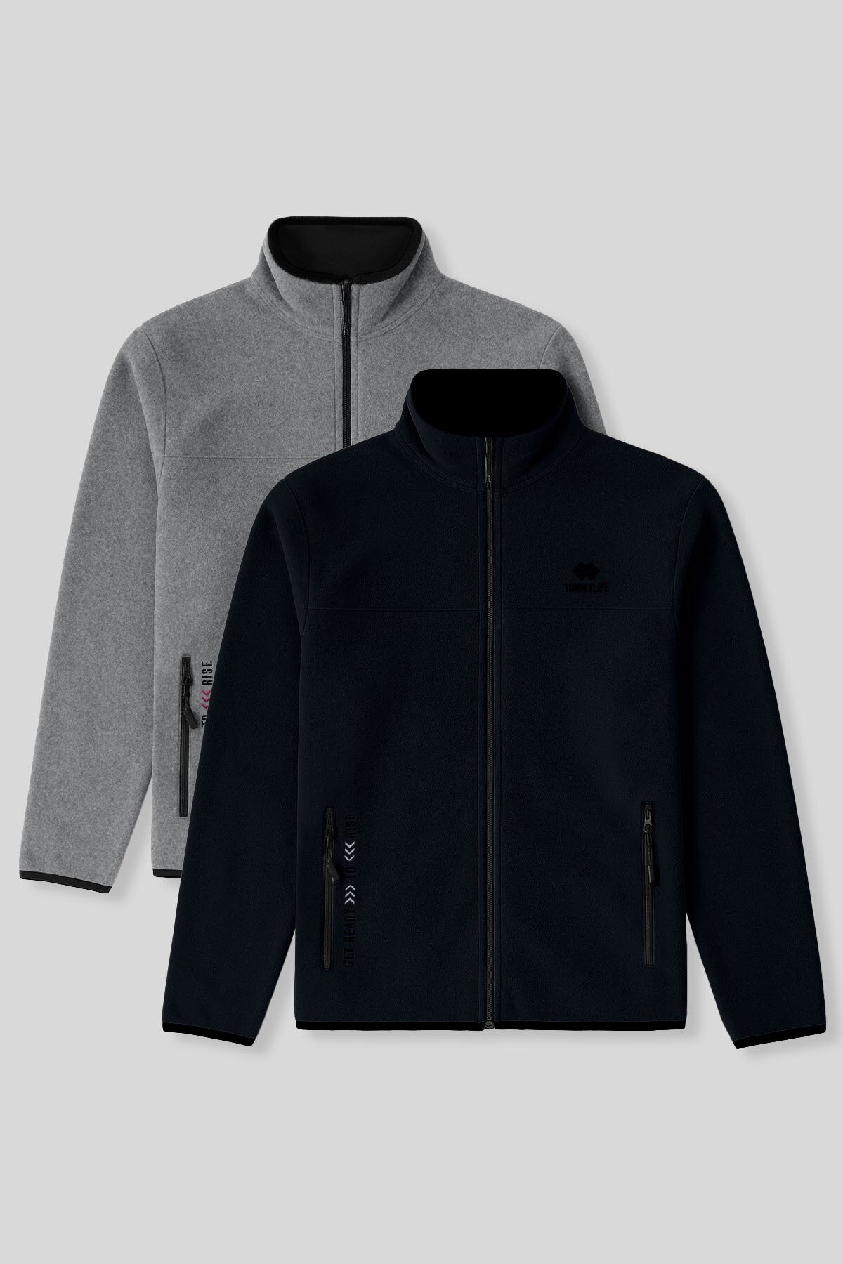 Image of Standart Kalıp Dik Yaka 2'li Paket Lacivert-Gri Melanj Erkek Polar Sweatshirt - 87992