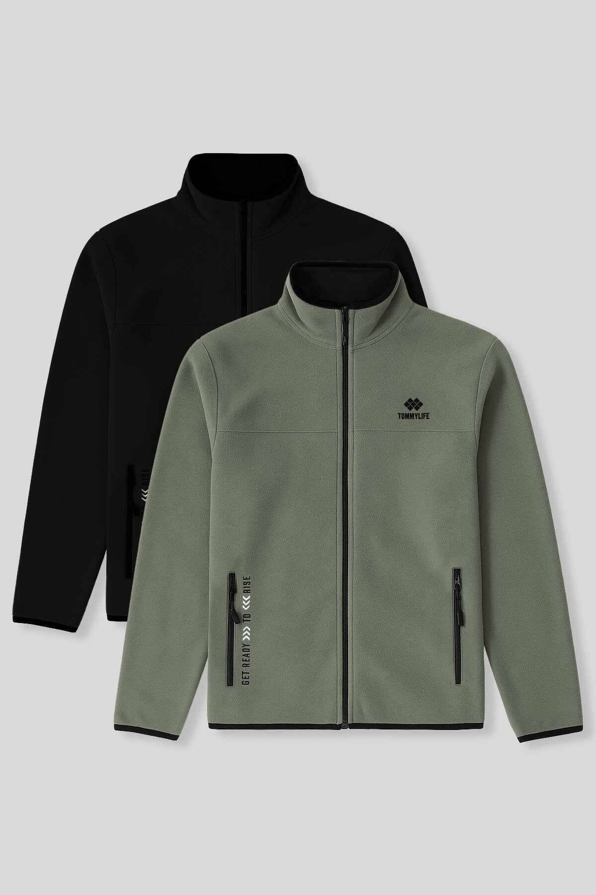 Image of Standart Kalıp Dik Yaka 2'li Paket Siyah-Çağla Erkek Polar Sweatshirt - 87992