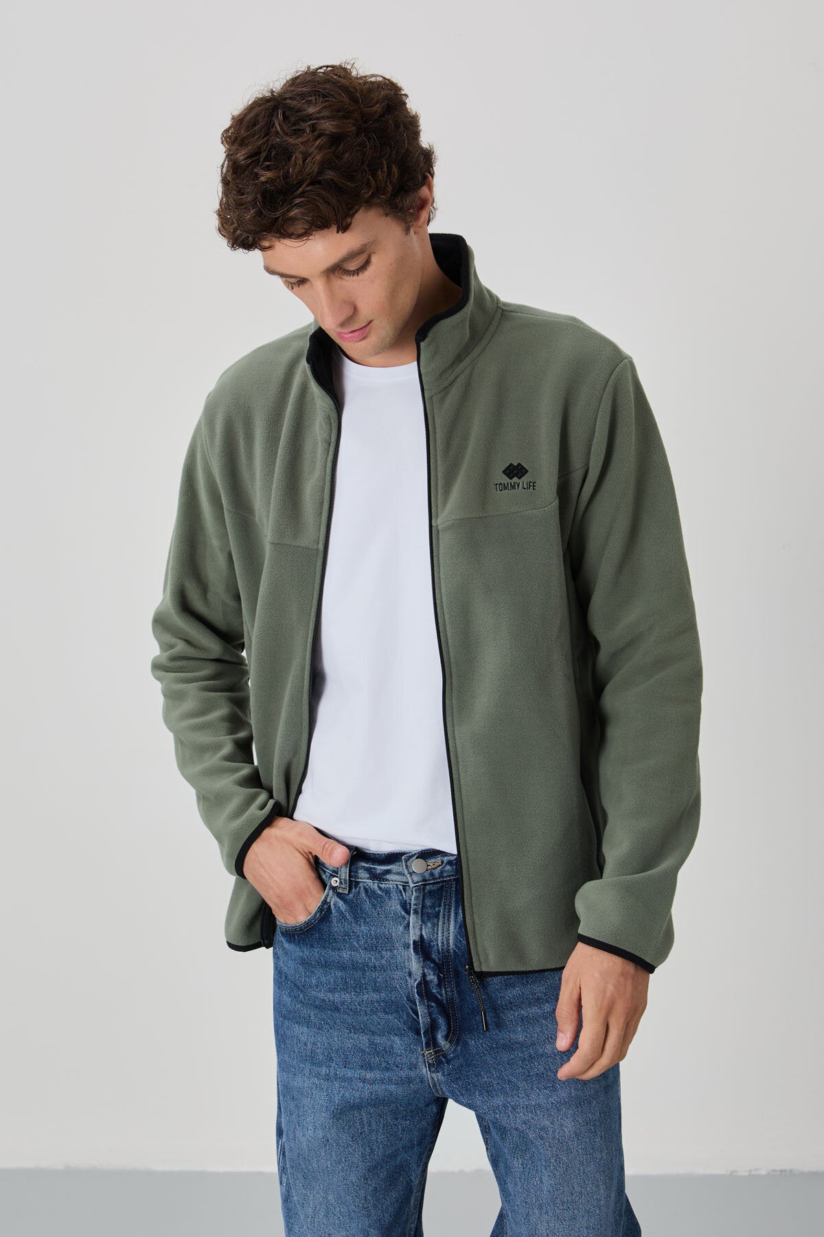 Image of Hanorac din fleece pentru bărbați, croială standard, cu guler înalt, set de 2, negru-Çağla - 87992