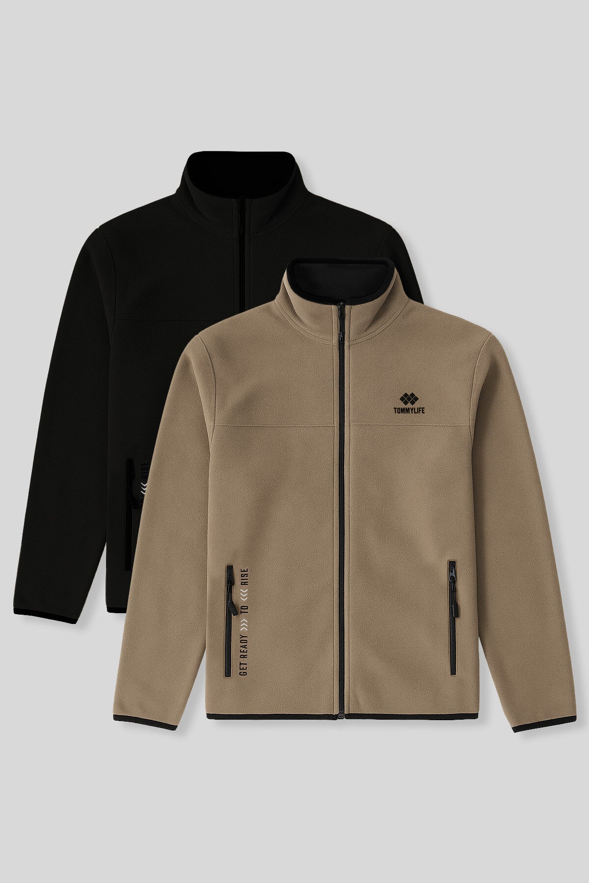 Image of Hanorac din fleece pentru bărbați, croială standard, cu guler înalt, set de 2, negru-camel - 87992