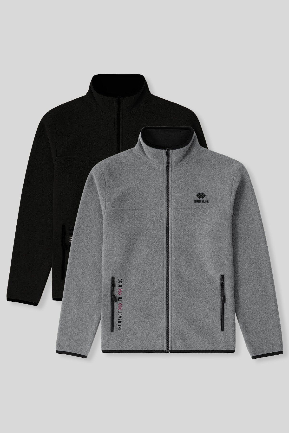 Image of Standart Kalıp Dik Yaka 2'li Paket Siyah-Gri Melanj Erkek Polar Sweatshirt - 87992