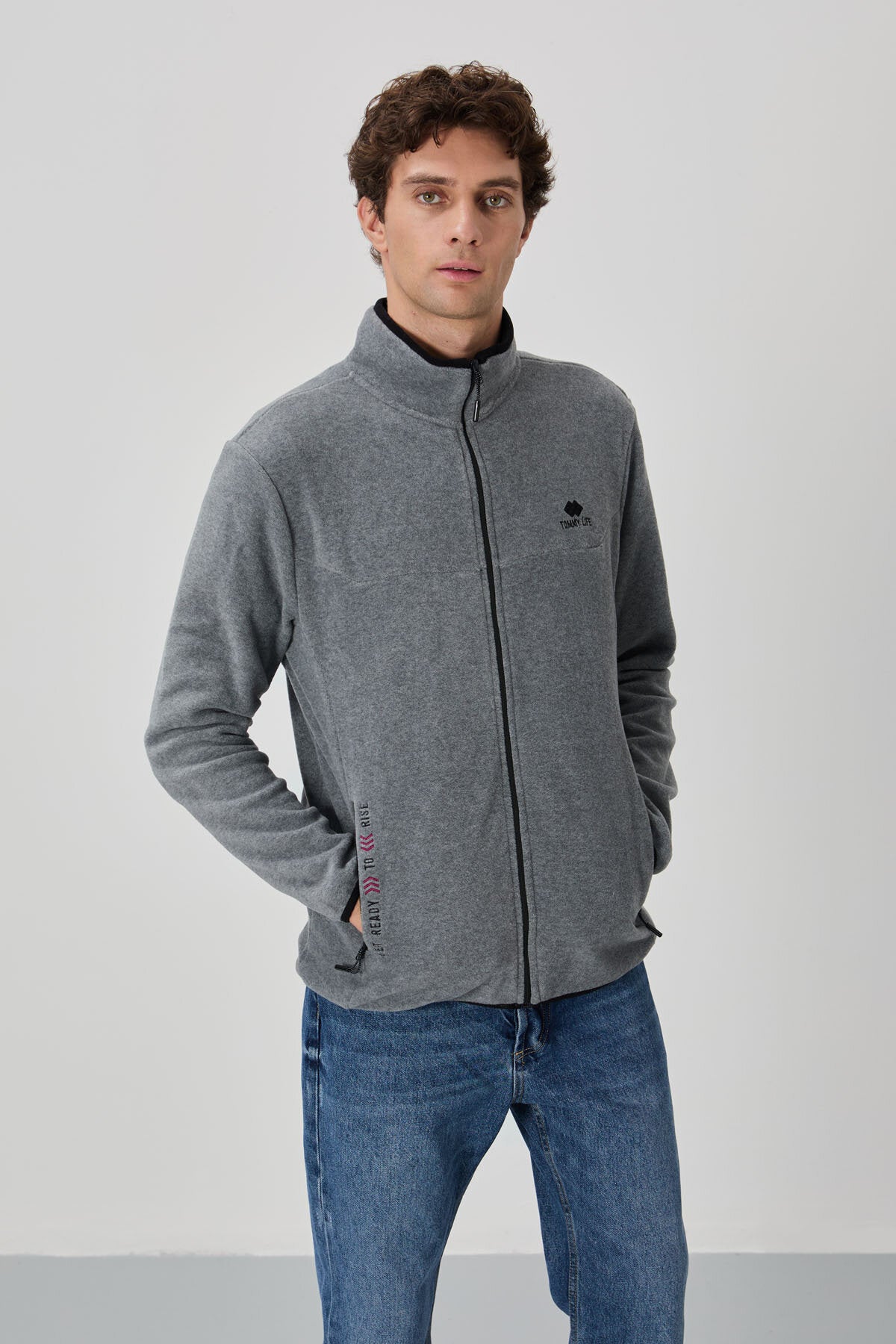 Image of Standart Kalıp Dik Yaka 2'li Paket Siyah-Gri Melanj Erkek Polar Sweatshirt - 87992