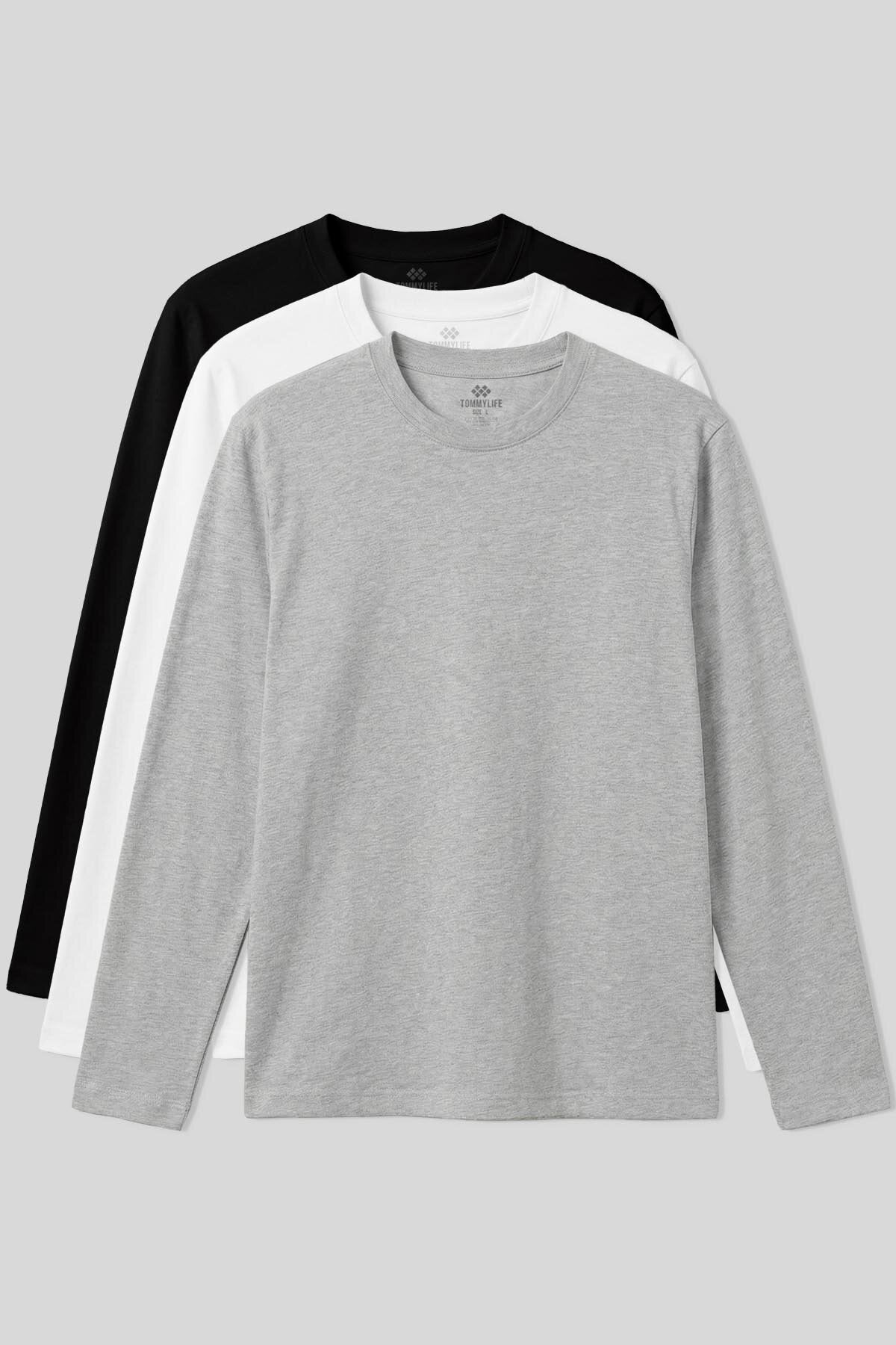 Image of Standart Fit Basic O Yaka  3'lü Paket Siyah-Beyaz-Gri Melanj Erkek T-Shirt -  87997