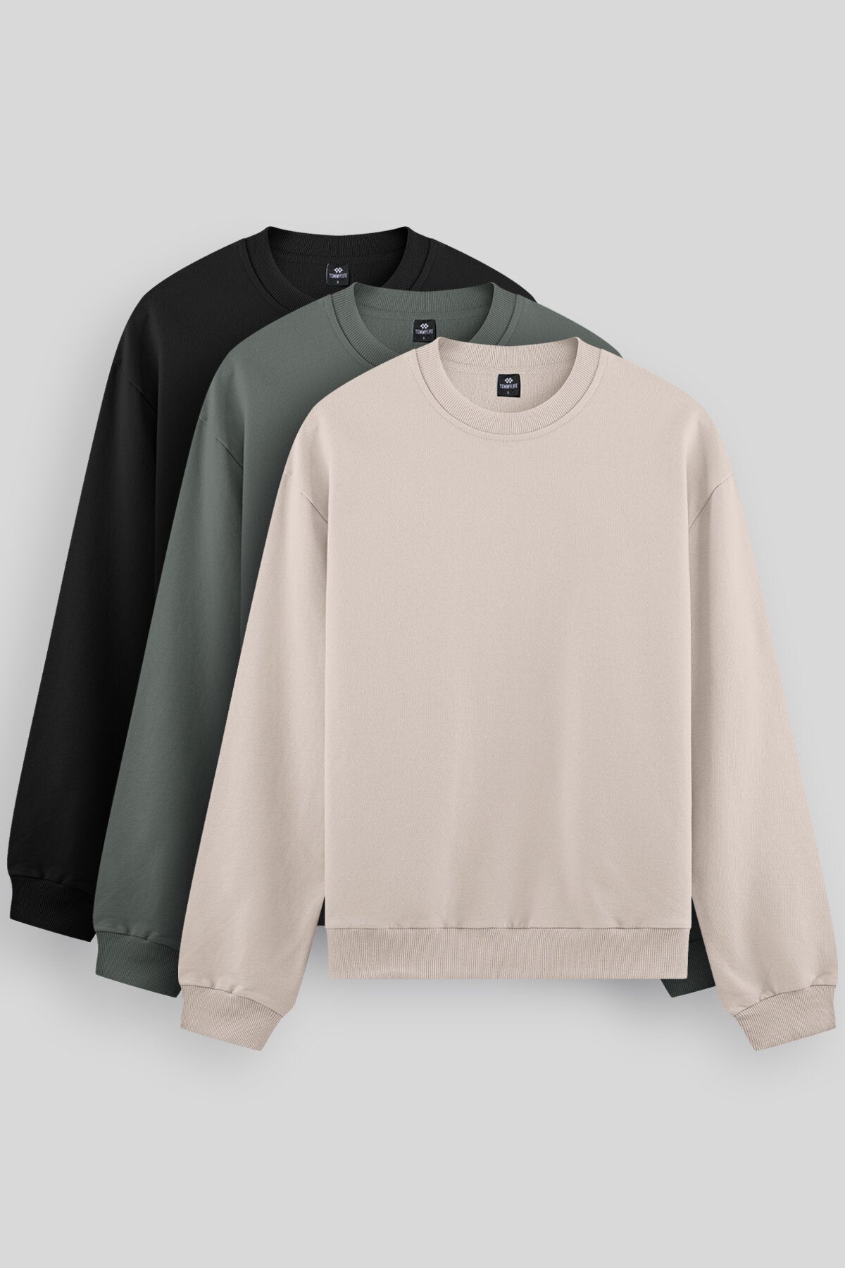 Image of Rahat Form Basic O Yaka  3'lü Paket Siyah-Bej-Çağla Erkek Sweatshirt 88053