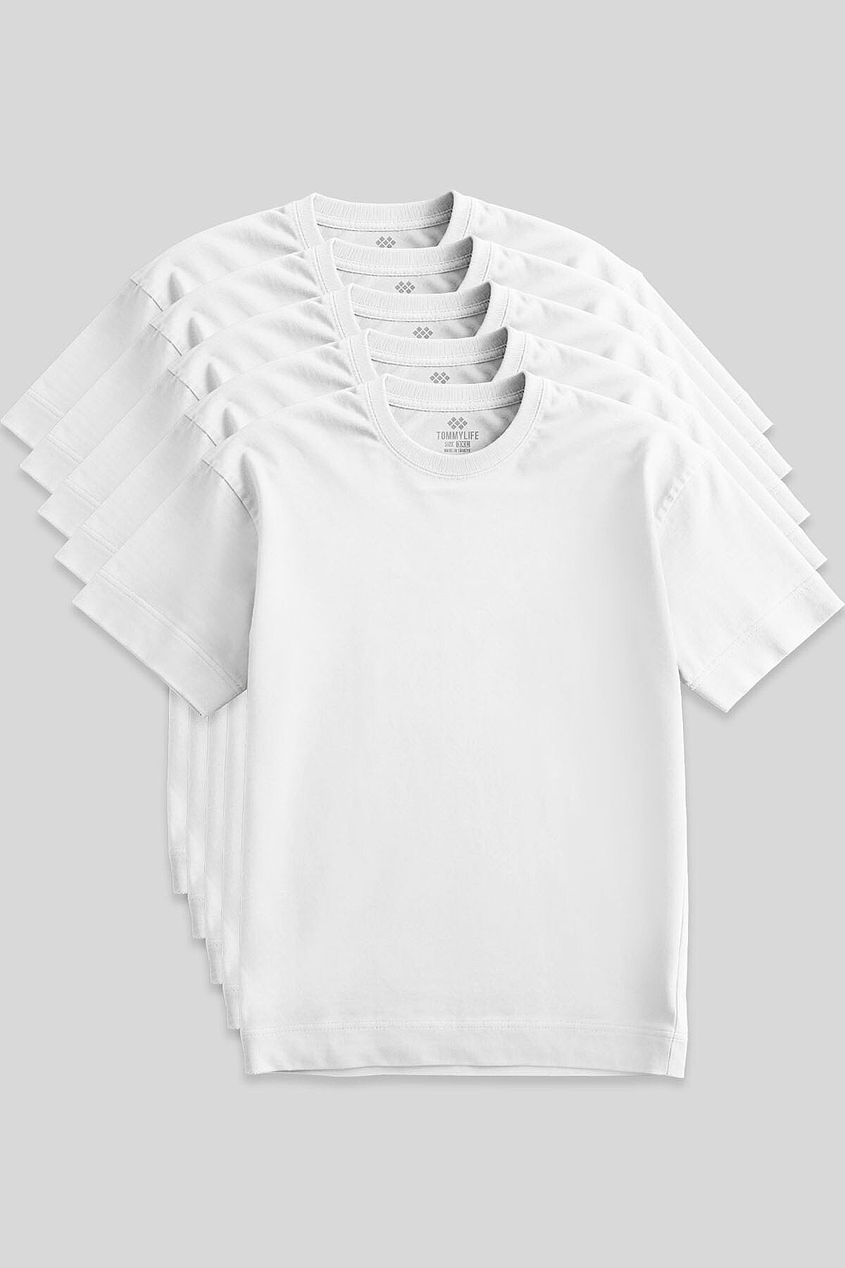 Image of Basic O Yaka Büyük Beden  5'li Paket Beyaz Erkek T-Shirt  88072